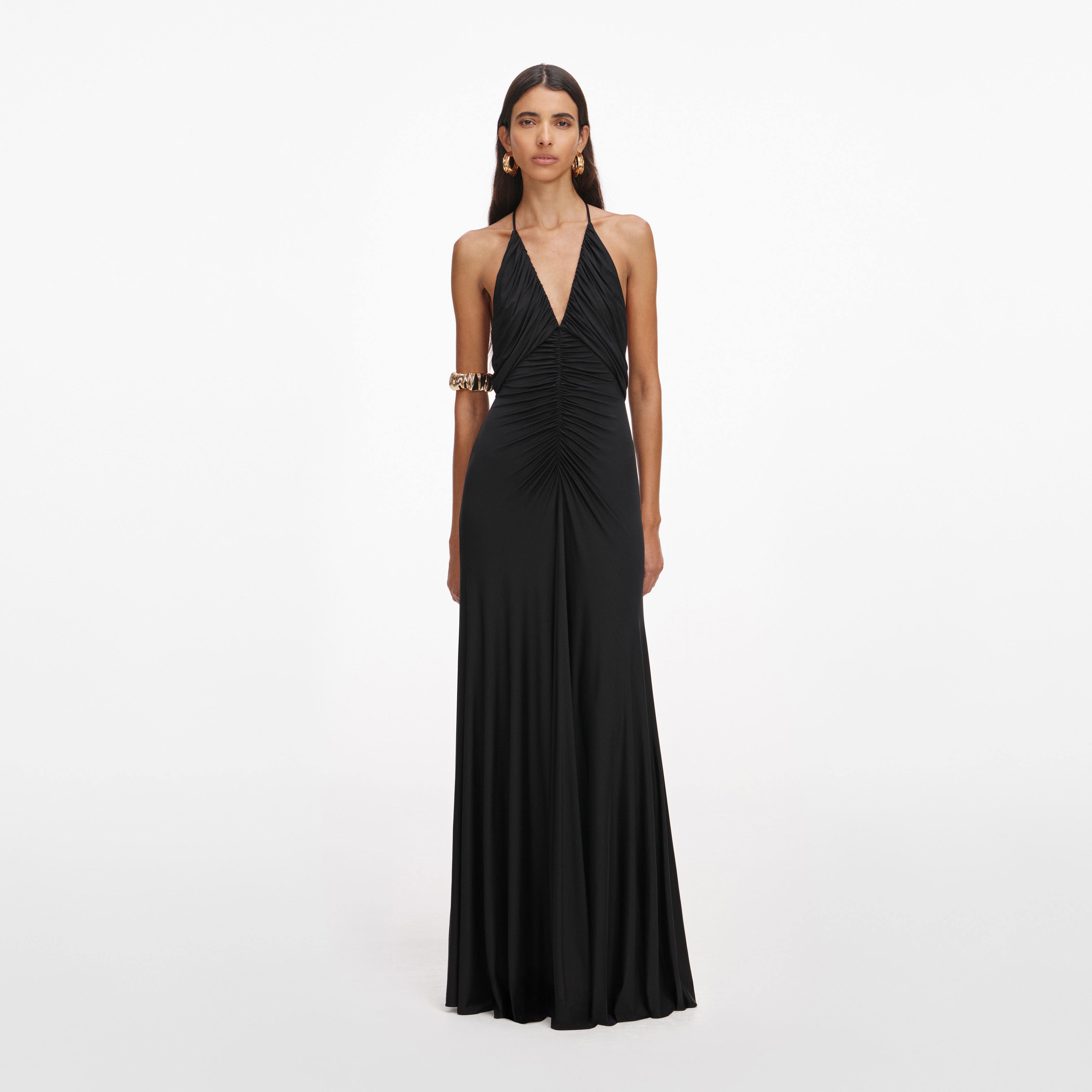 Self Portrait Black Jersey Gathered Maxikleid Schwarz UK 8