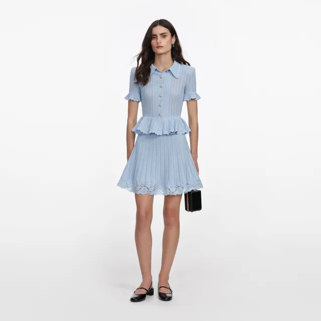 Self Portrait Blue Pointelle Peplum Knit Mini Kleid Blau Gr.S