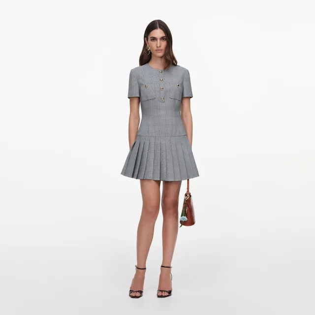 Self Portrait Check Pleated Mini Kleid Grau UK 6