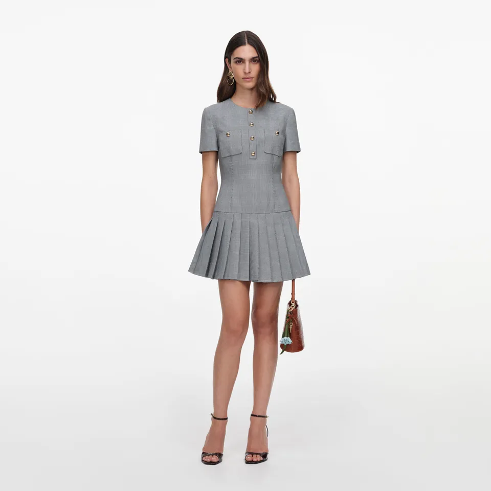 Self Portrait Check Pleated Mini Kleid Grau UK 6