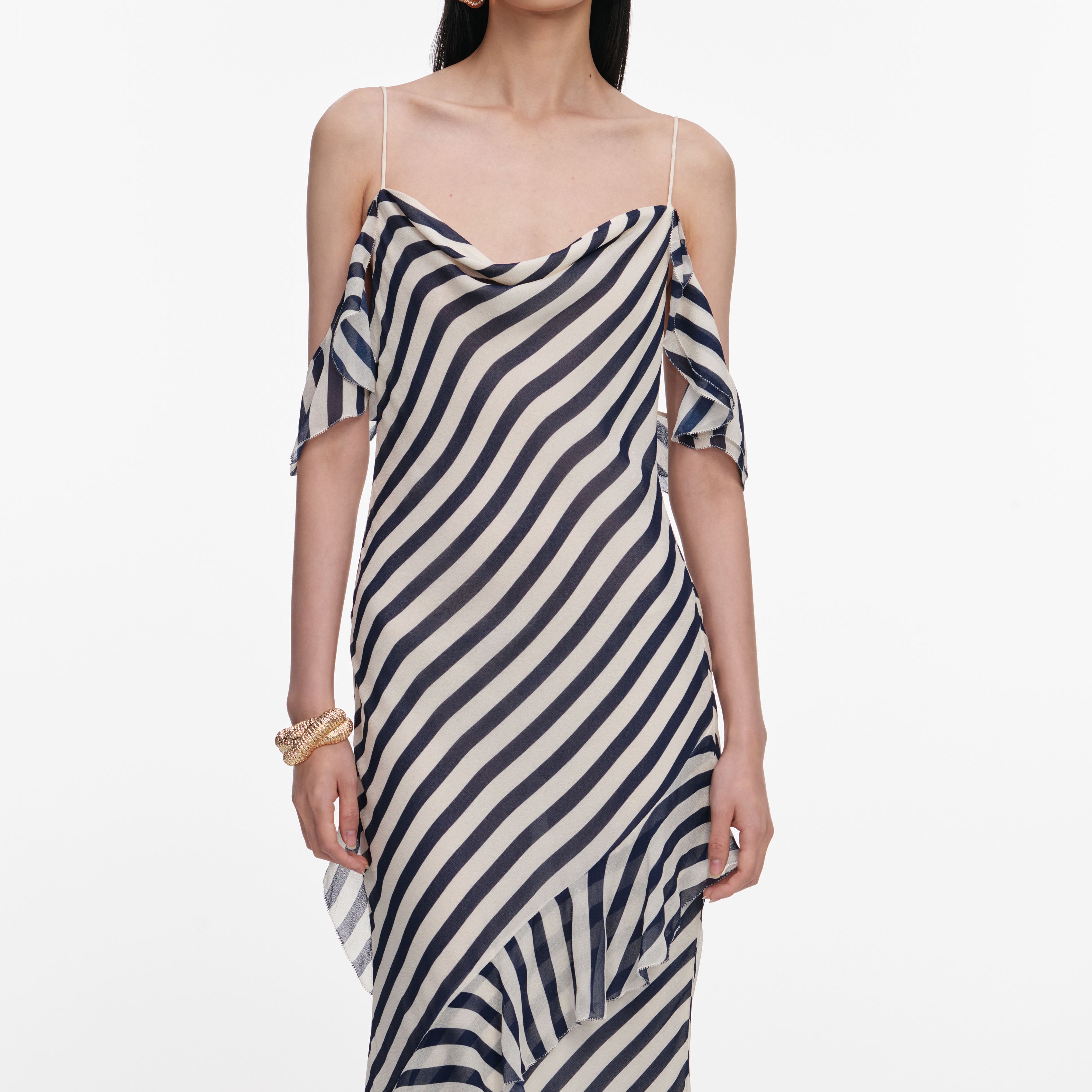 Self Portrait Stripe Maxikleid Navy Georgette Gestreift