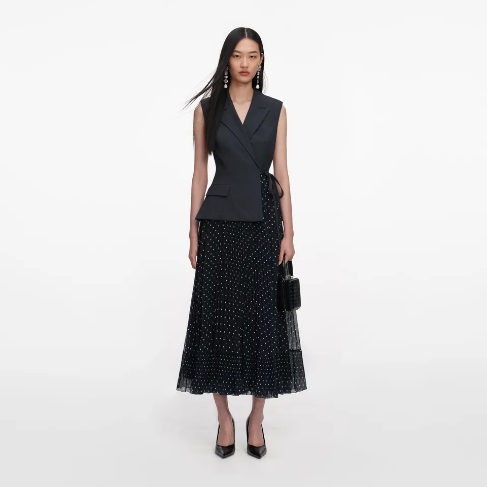 Self Portrait Graues Polka Dot Midikleid Wolle Tailored