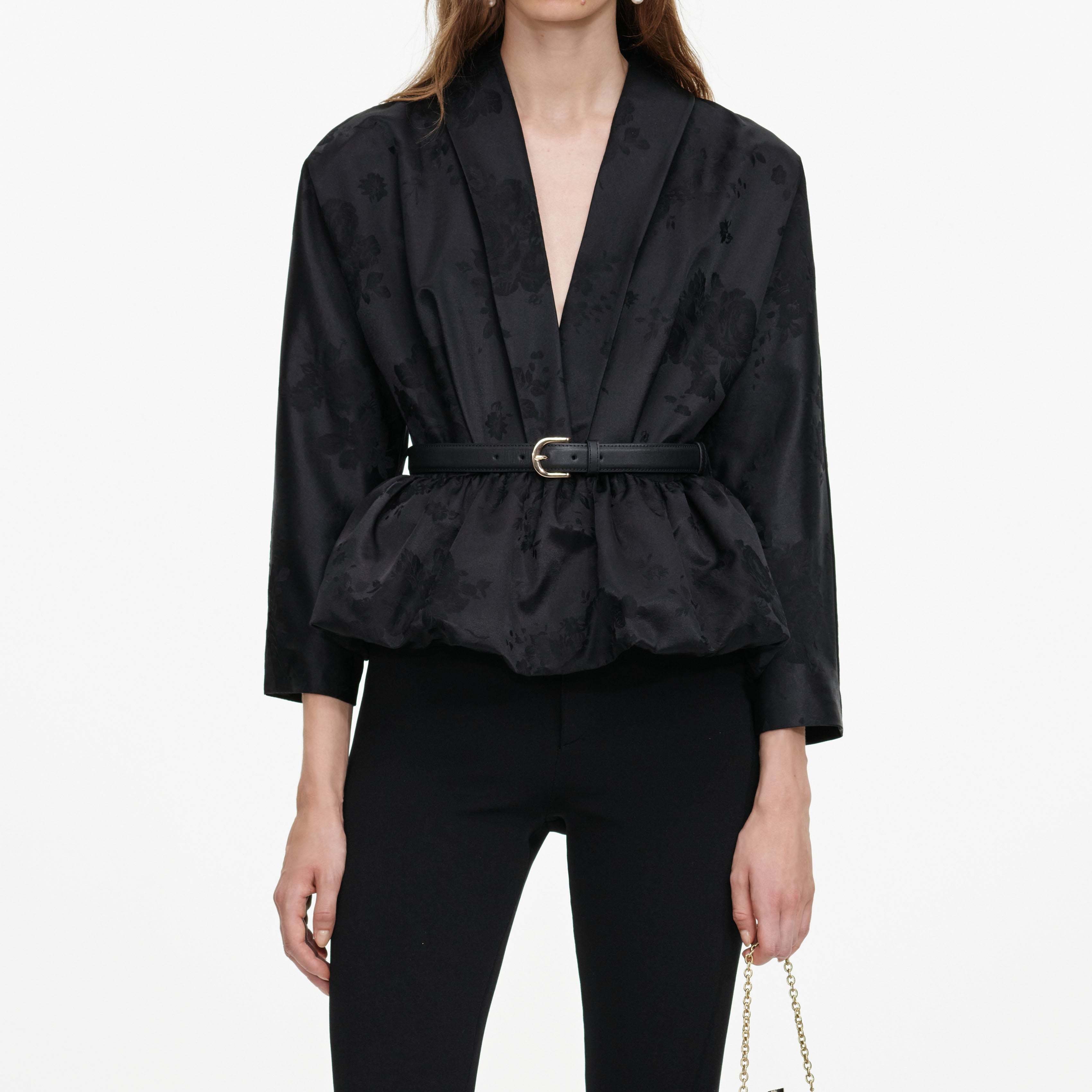 Self Portrait Black Jacquard Peplum Oberteil Schwarz mit Gürtel