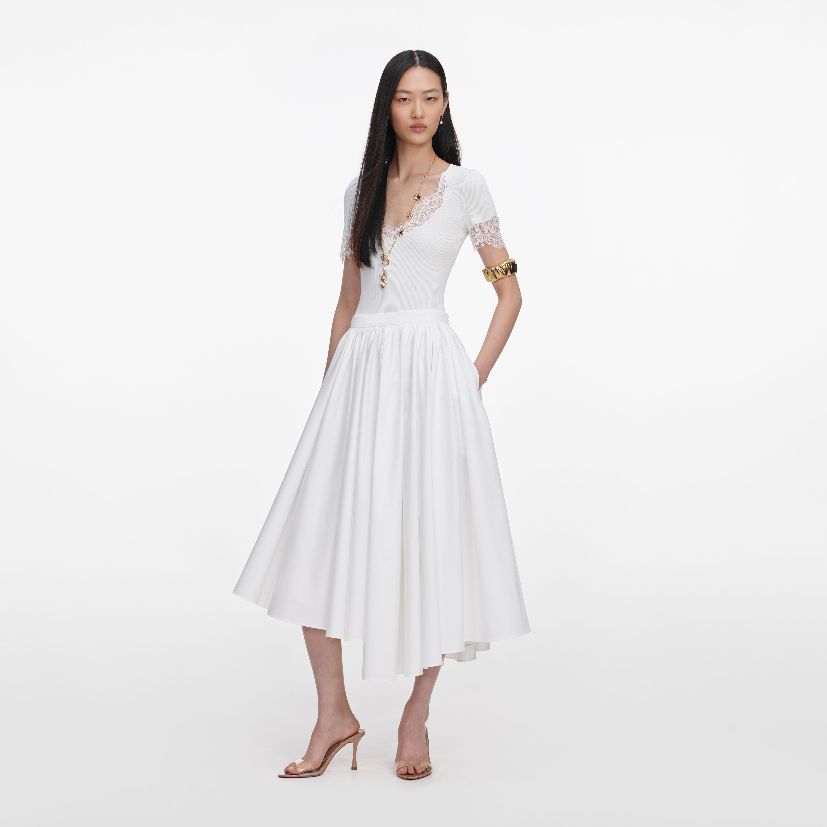 Self Portrait Bottoms White Poplin Midi Rock weiss