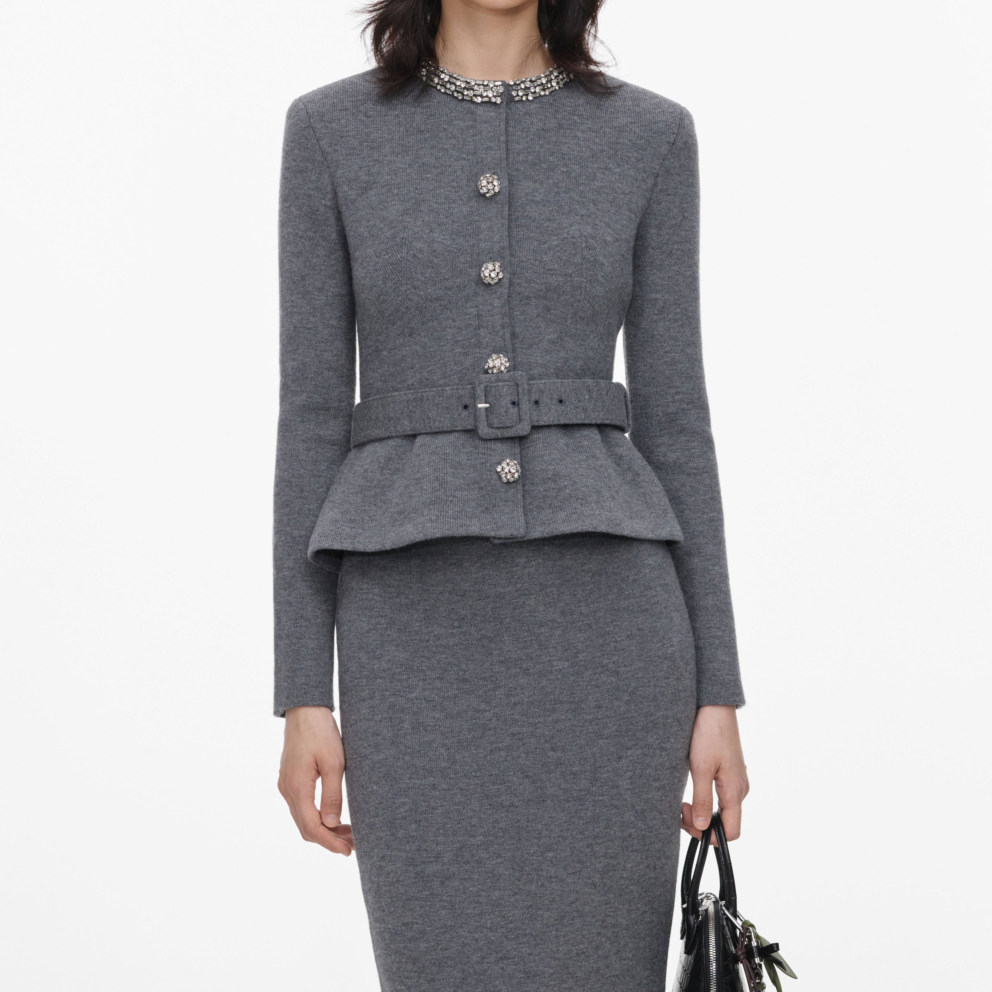Self Portrait Grey Crystal Trim Midi Kleid Grau Strick Kristall