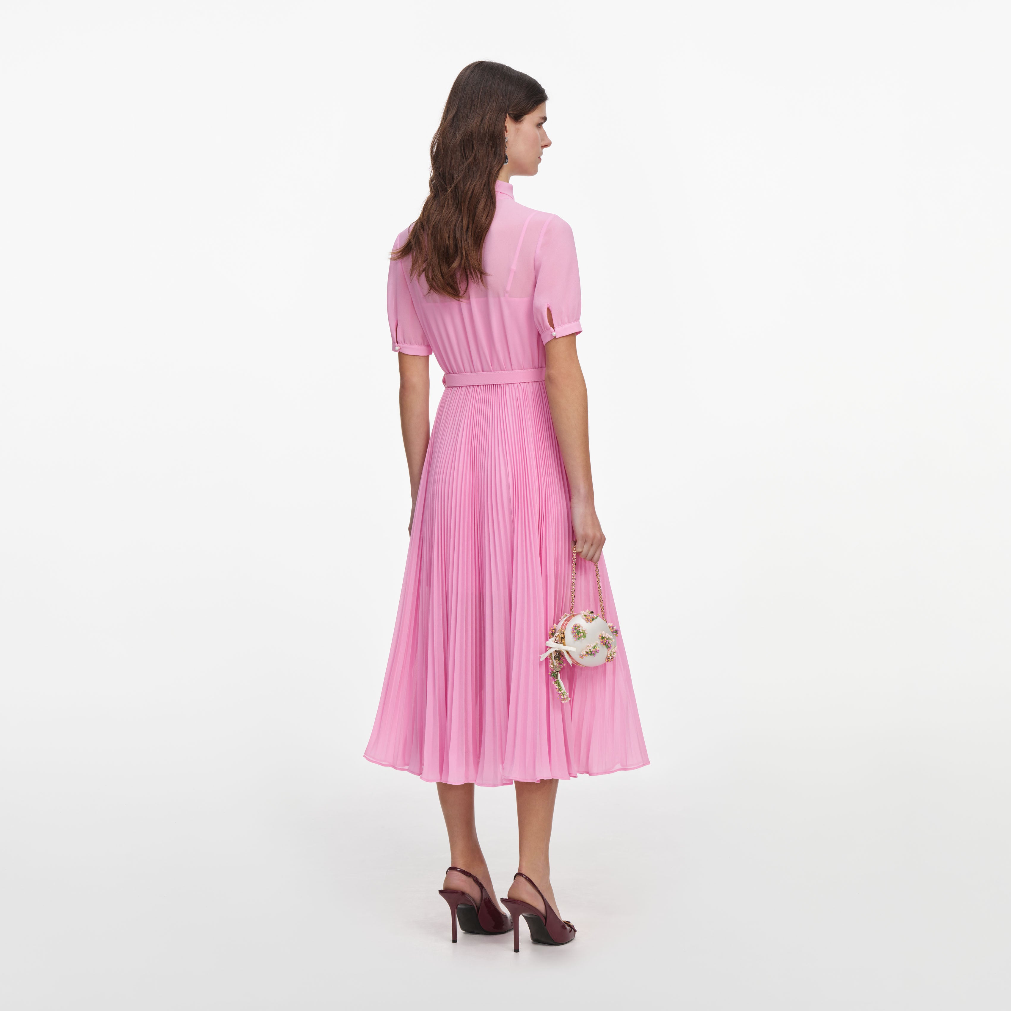 Self Portrait Pink Georgette Tie Neck Midi Kleid Rosa UK 6