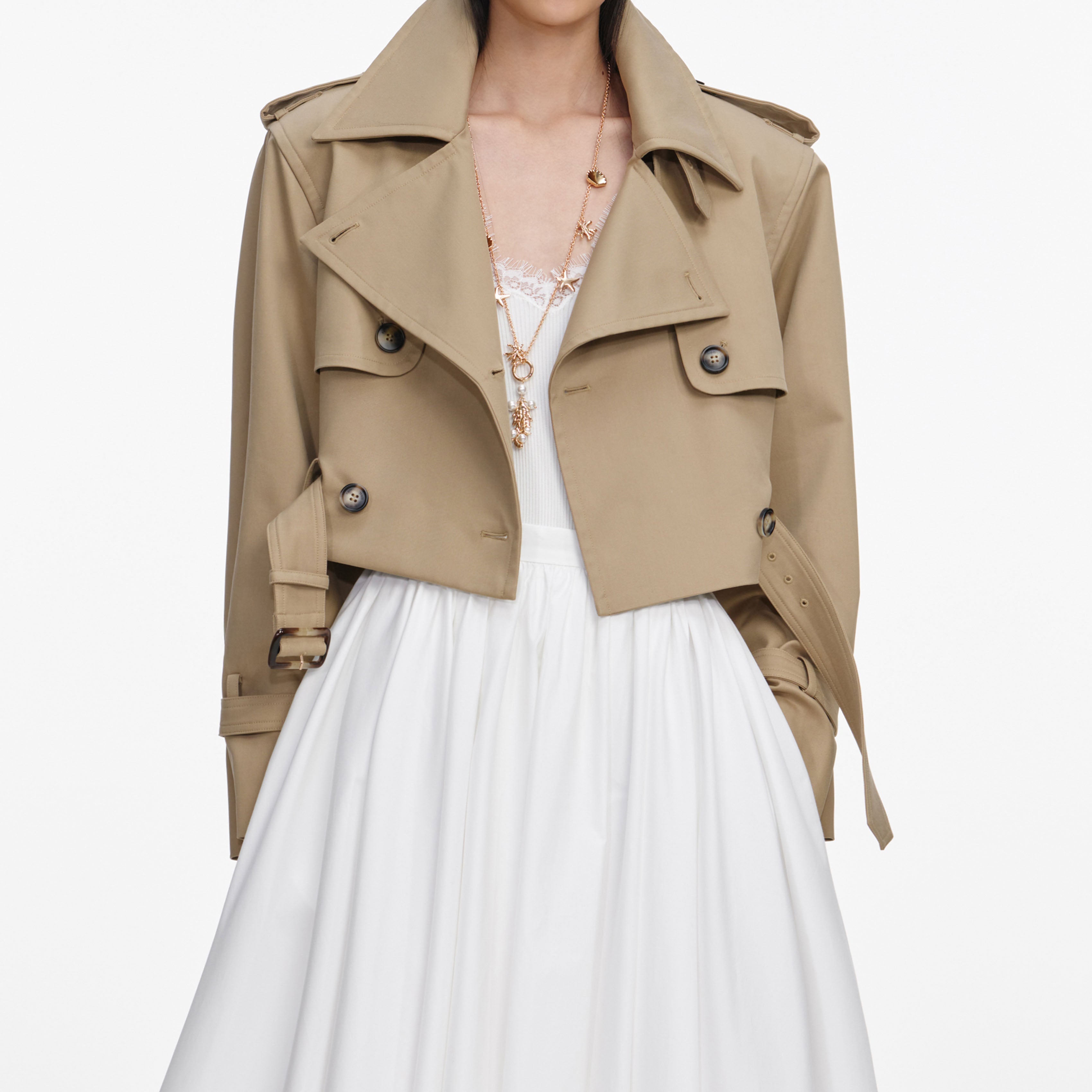 Self Portrait Cropped Trench Jacke Beige Baumwolle