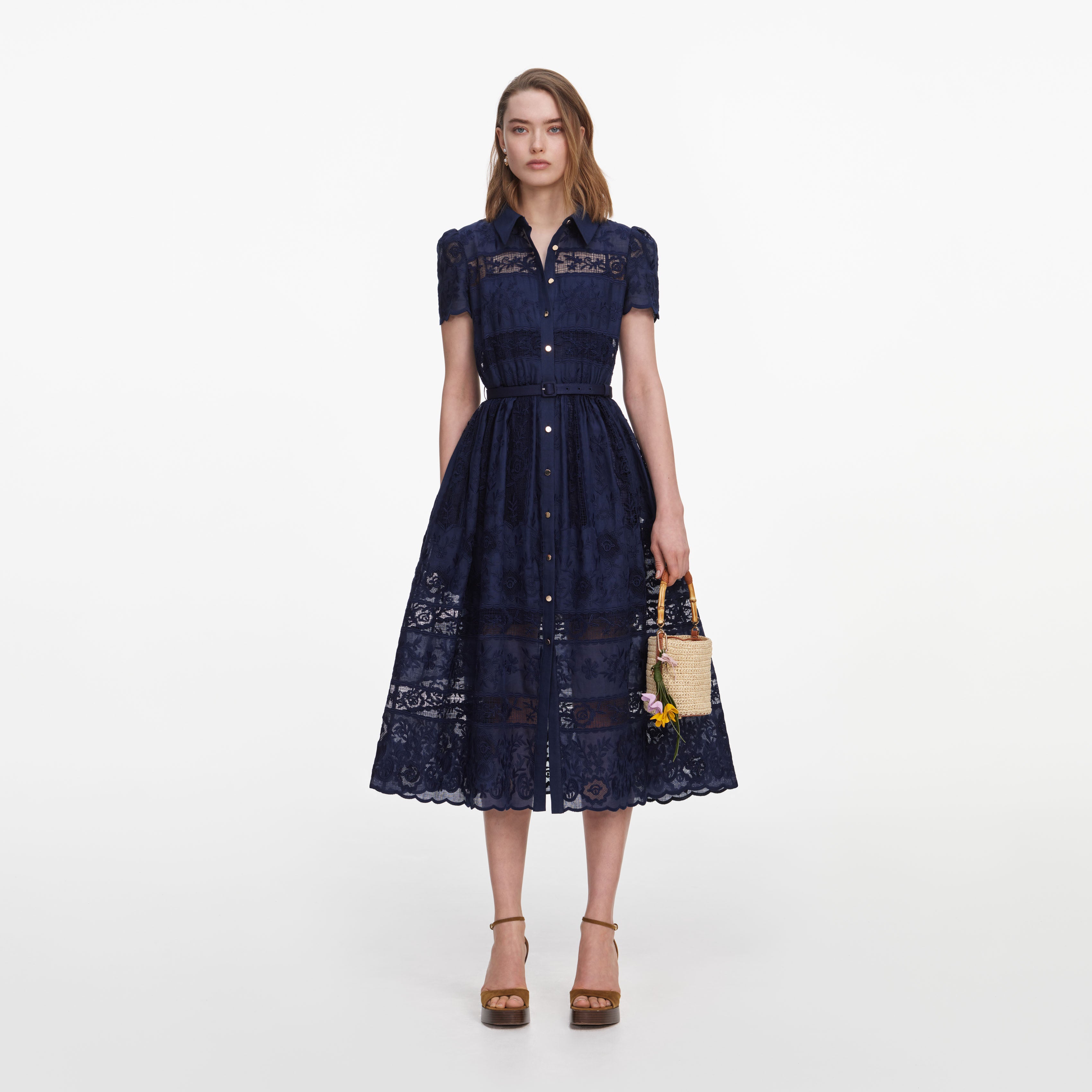 Self Portrait Navy Ramie Hemd-Midikleid Navy Spitze