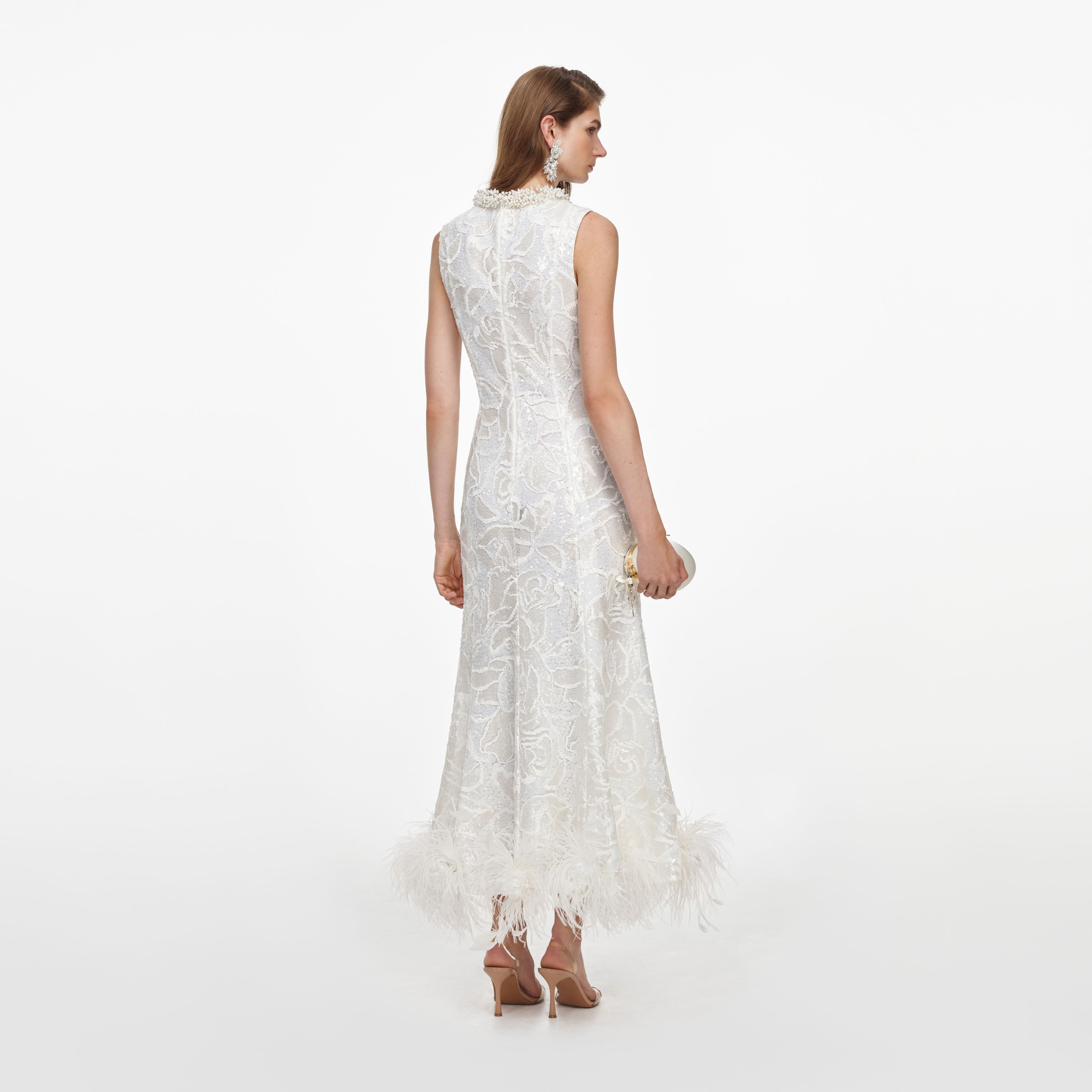 Self Portrait Sequin Lace Midi Kleid Weiß Federn