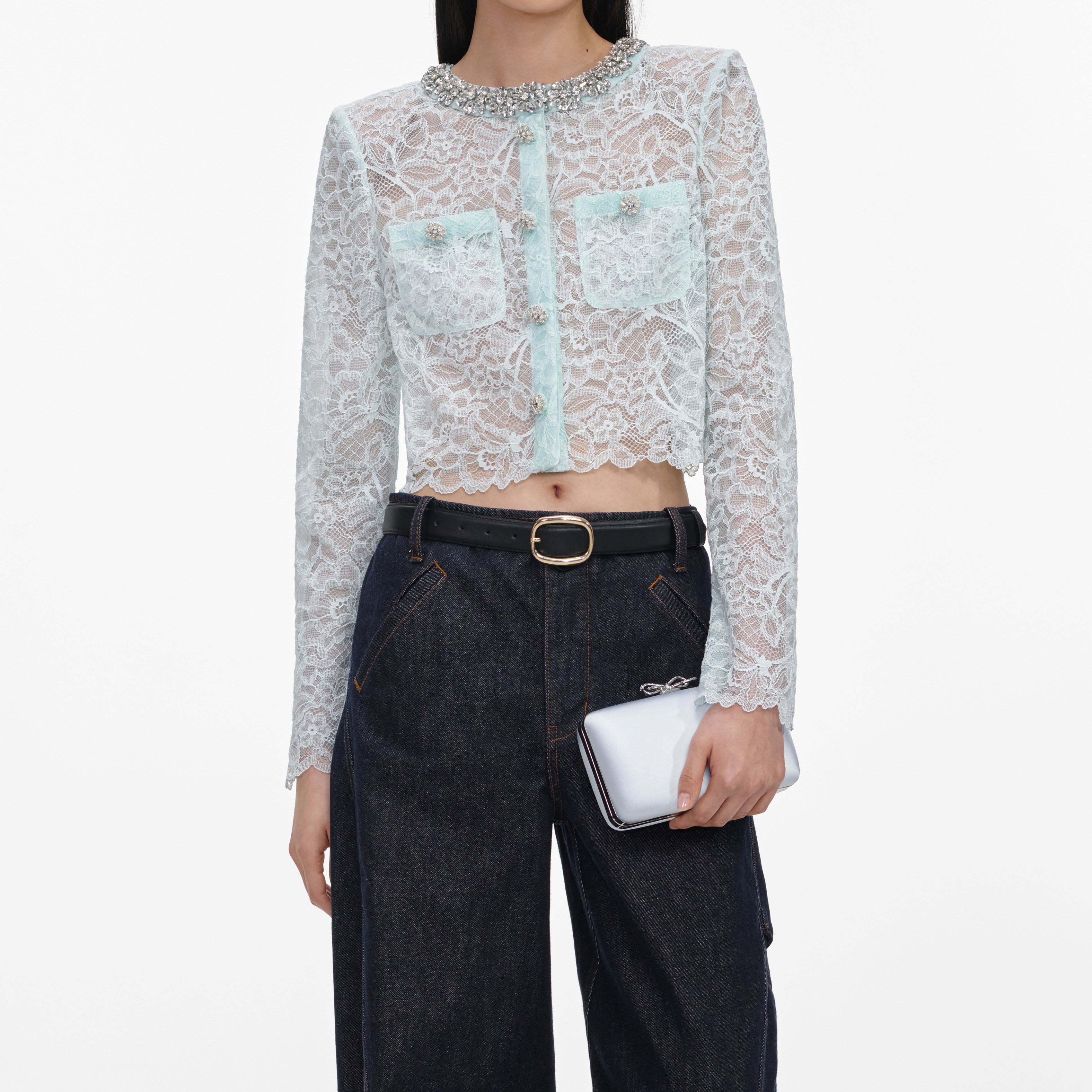Self Portrait Mint Lace Crystal Jacke Spitze Mint mit Strass