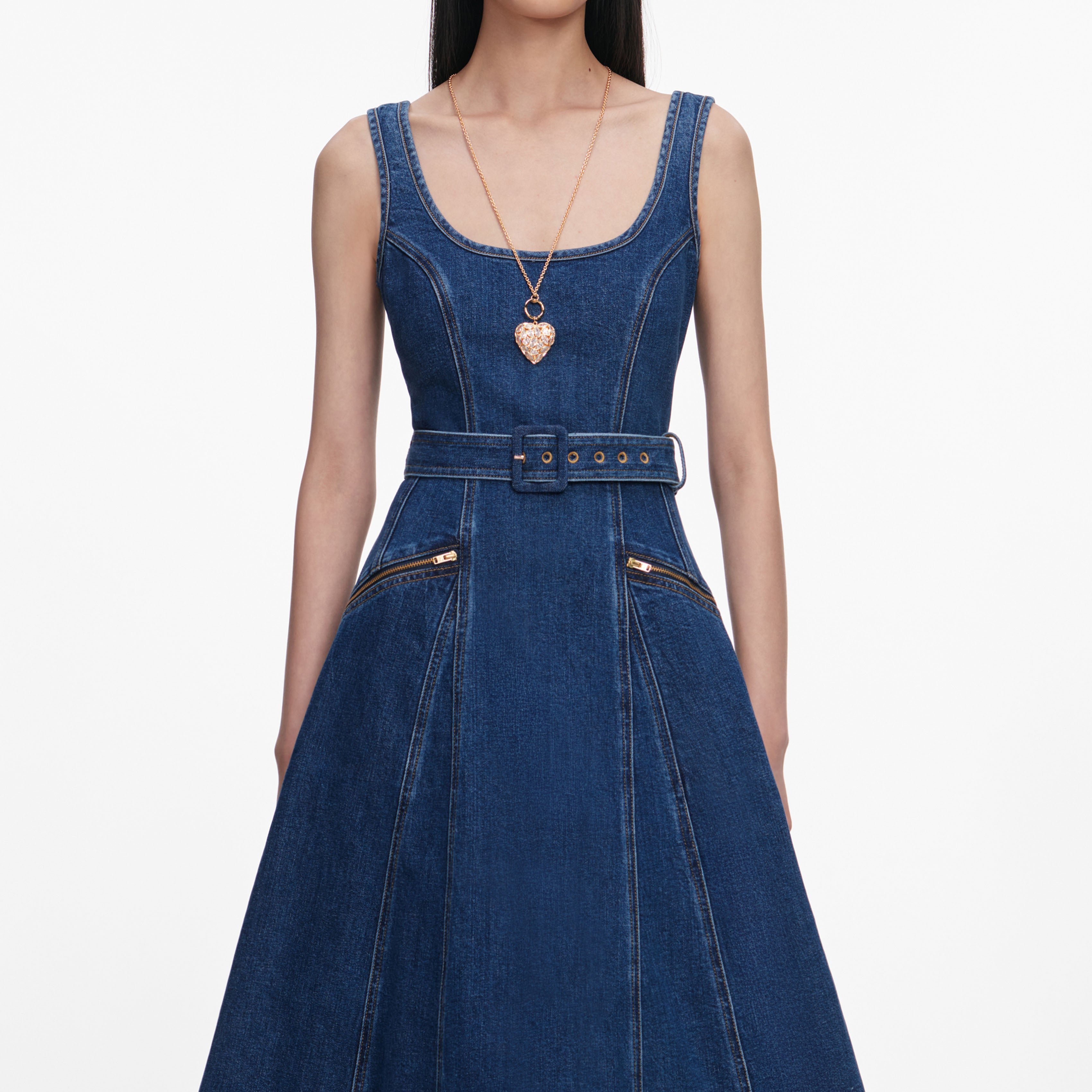 Self Portrait Denim Flared Belted Midi Jeanskleid Blau UK 12