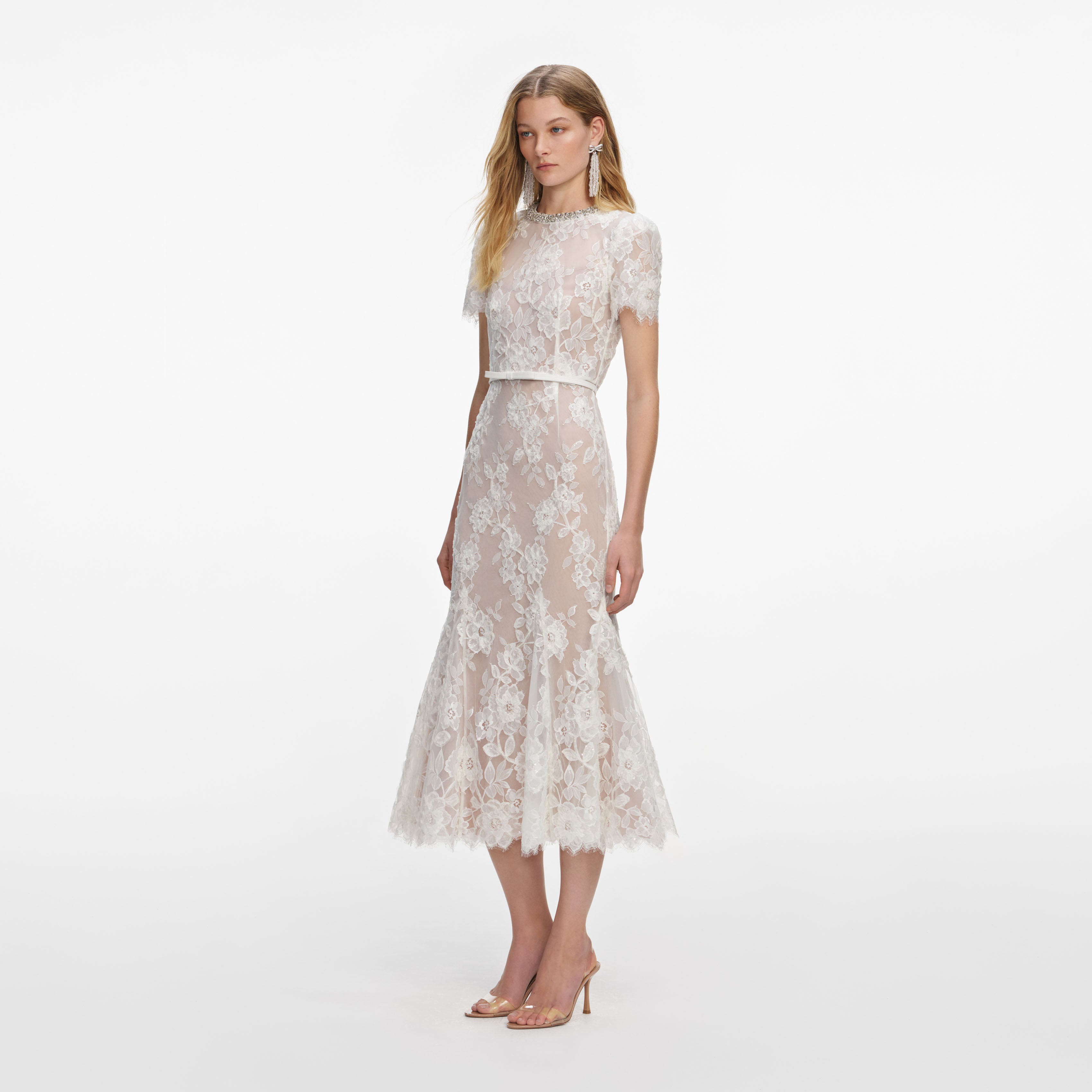 Self Portrait White Sequin Lace Midikleid Weiß Spitze