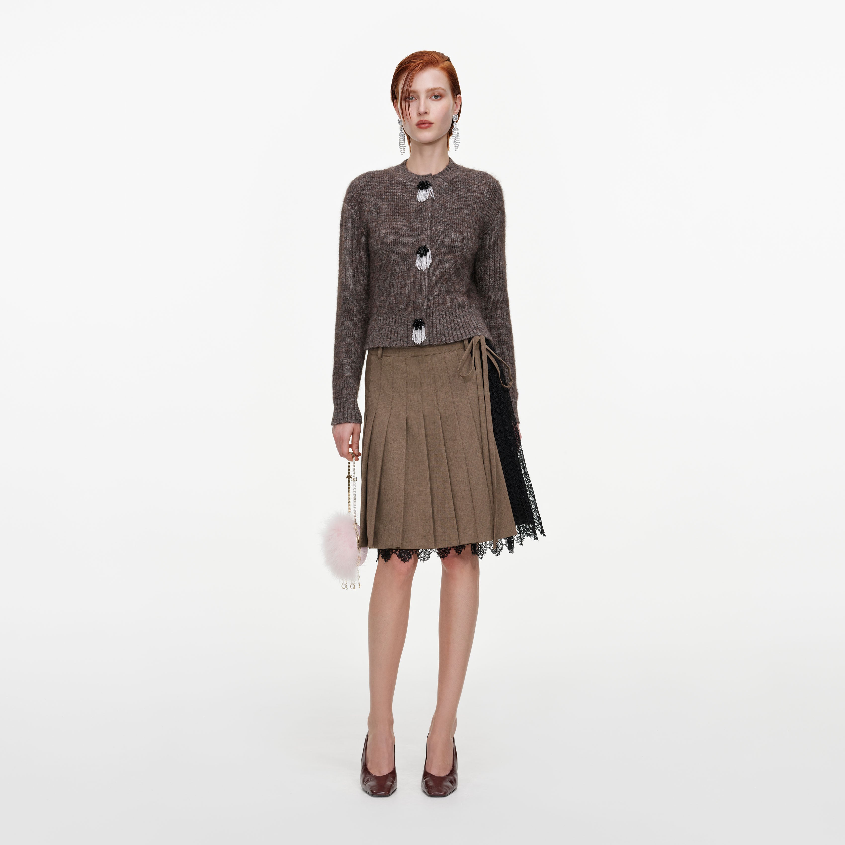 Self Portrait Brown Twill Lace Pleated Midi Rock Braun UK 8 Plissee