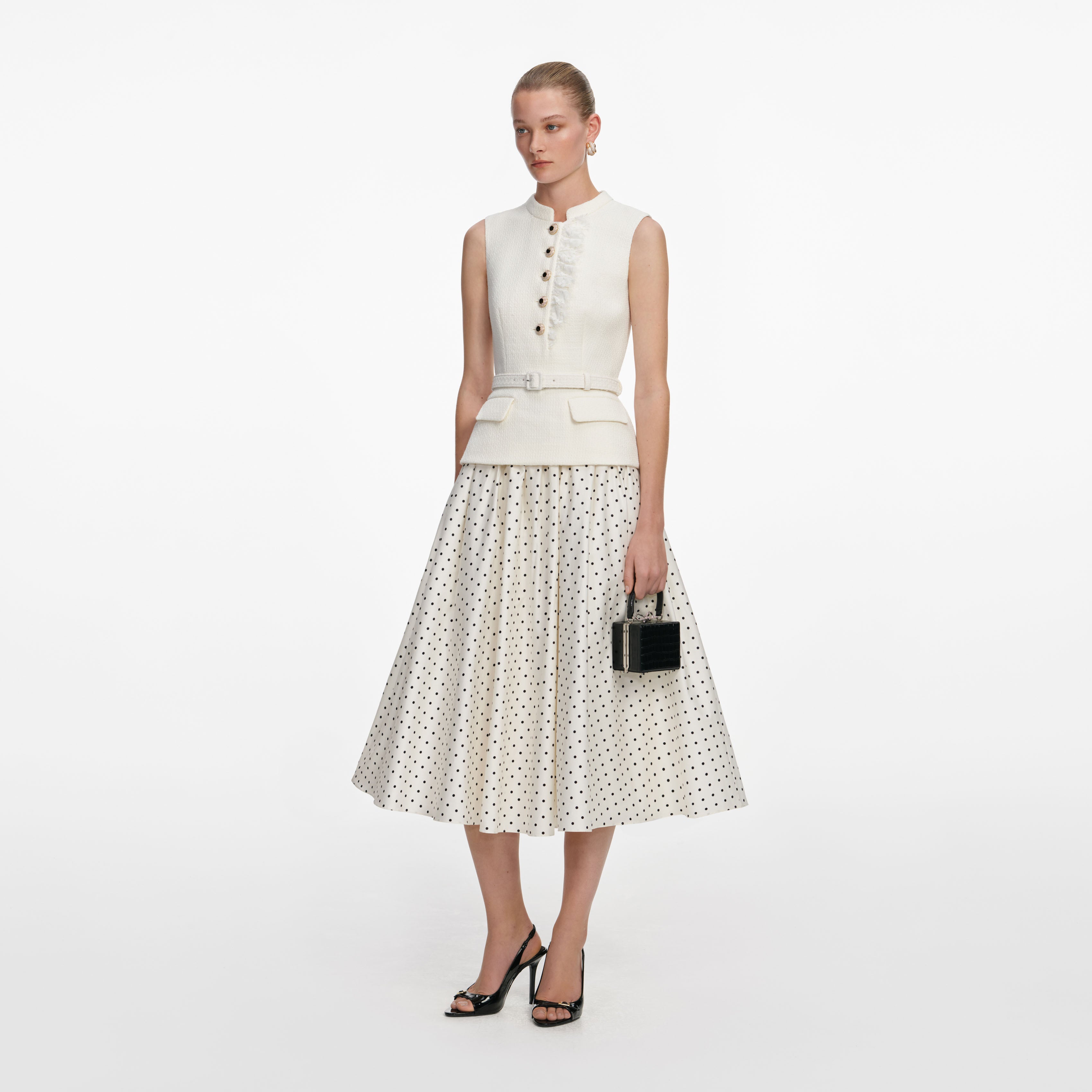 Self Portrait Boucle Polka Dot Midikleid Creme UK 6