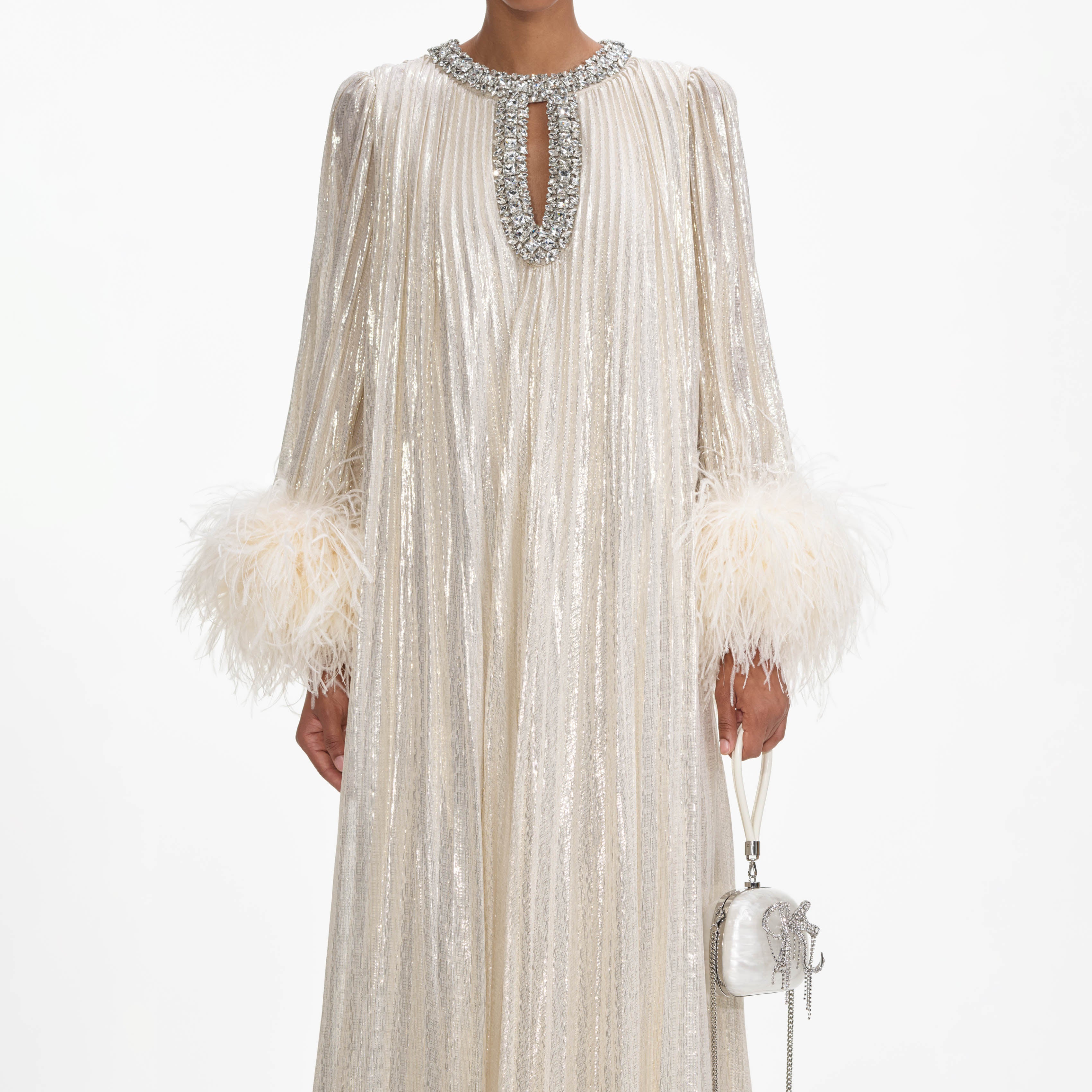 Self Portrait Dresses Gold Feather Maxi Kleid Metallic Federn Gold