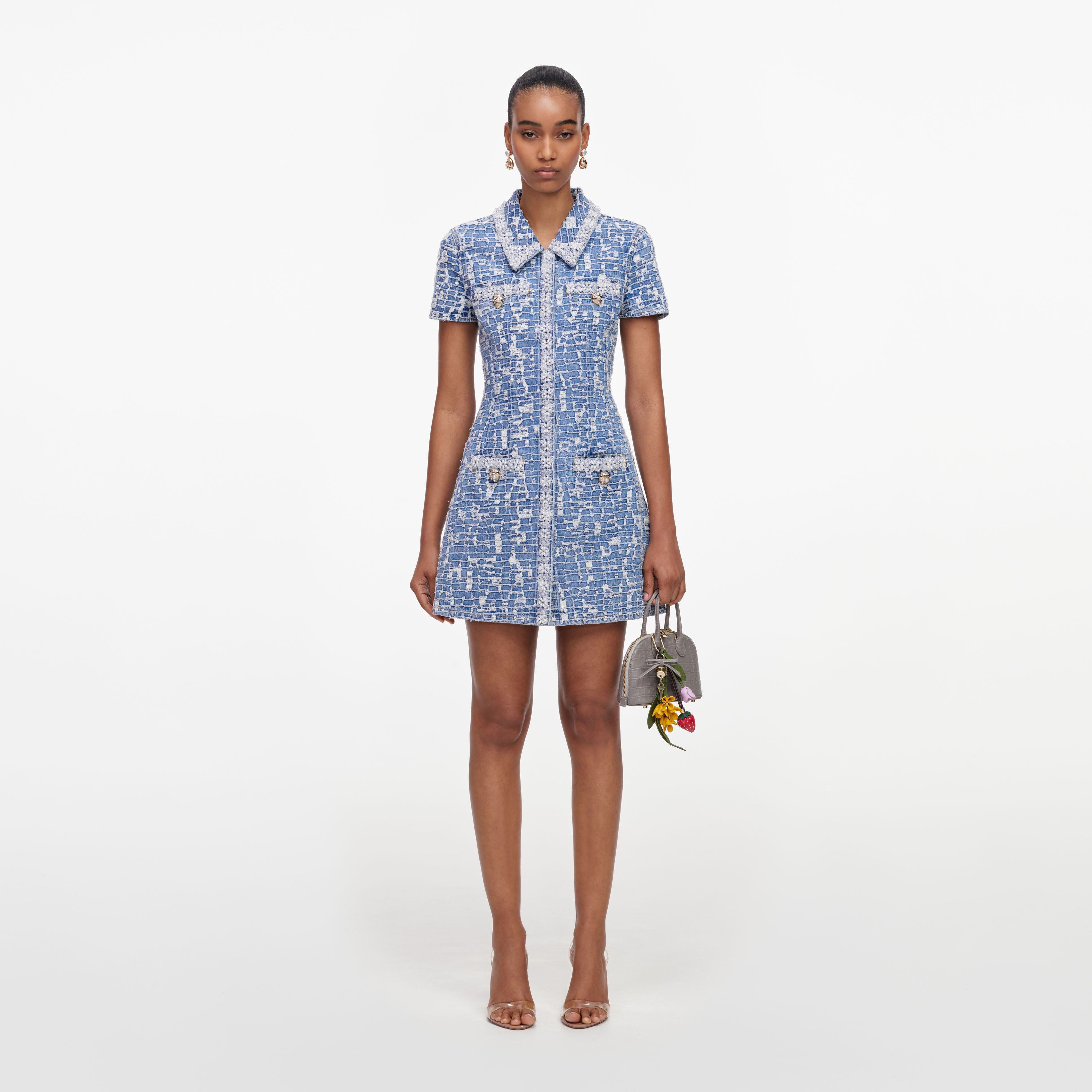 Self Portrait Denim Mini Kleid Blau Kragen Perlen