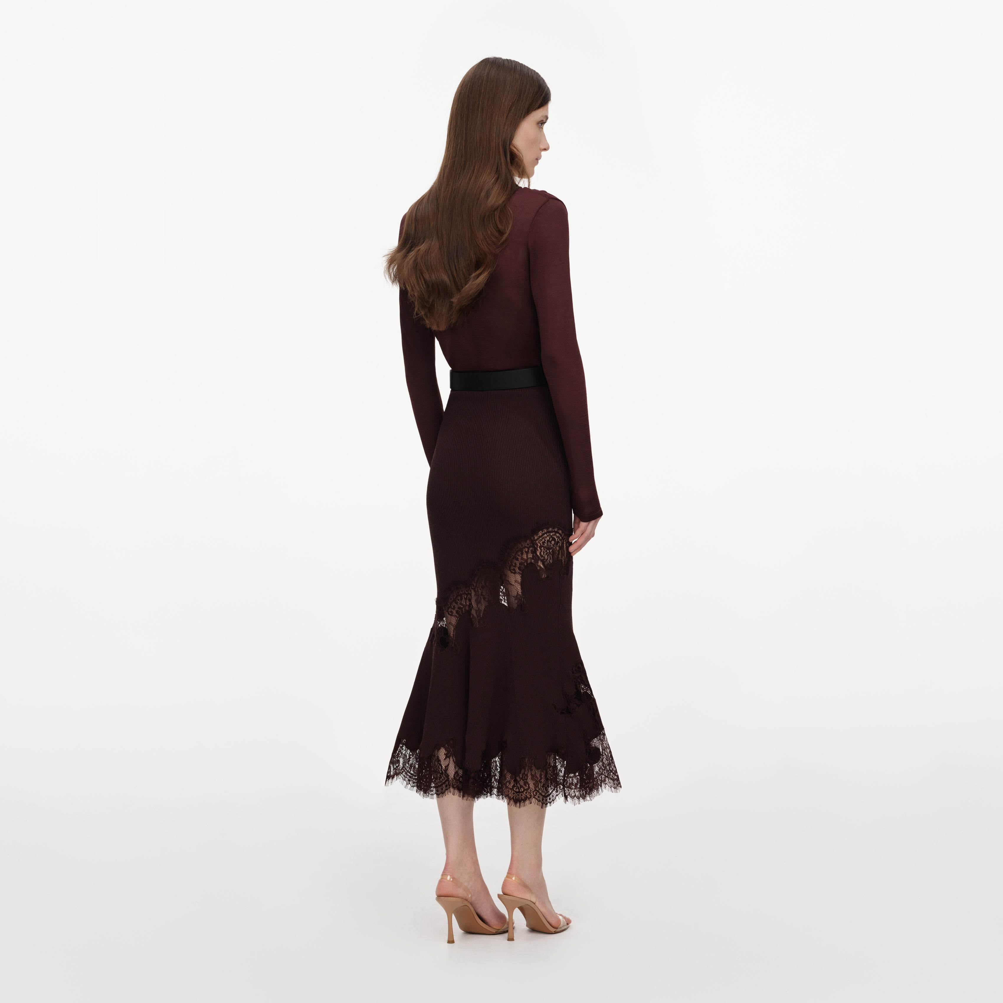 Self Portrait Brown Ribbed Strickrock Braun Midi Viskose
