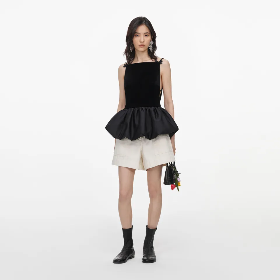 Self Portrait Black Velvet Bubble Hem Top Oberteil Schwarz