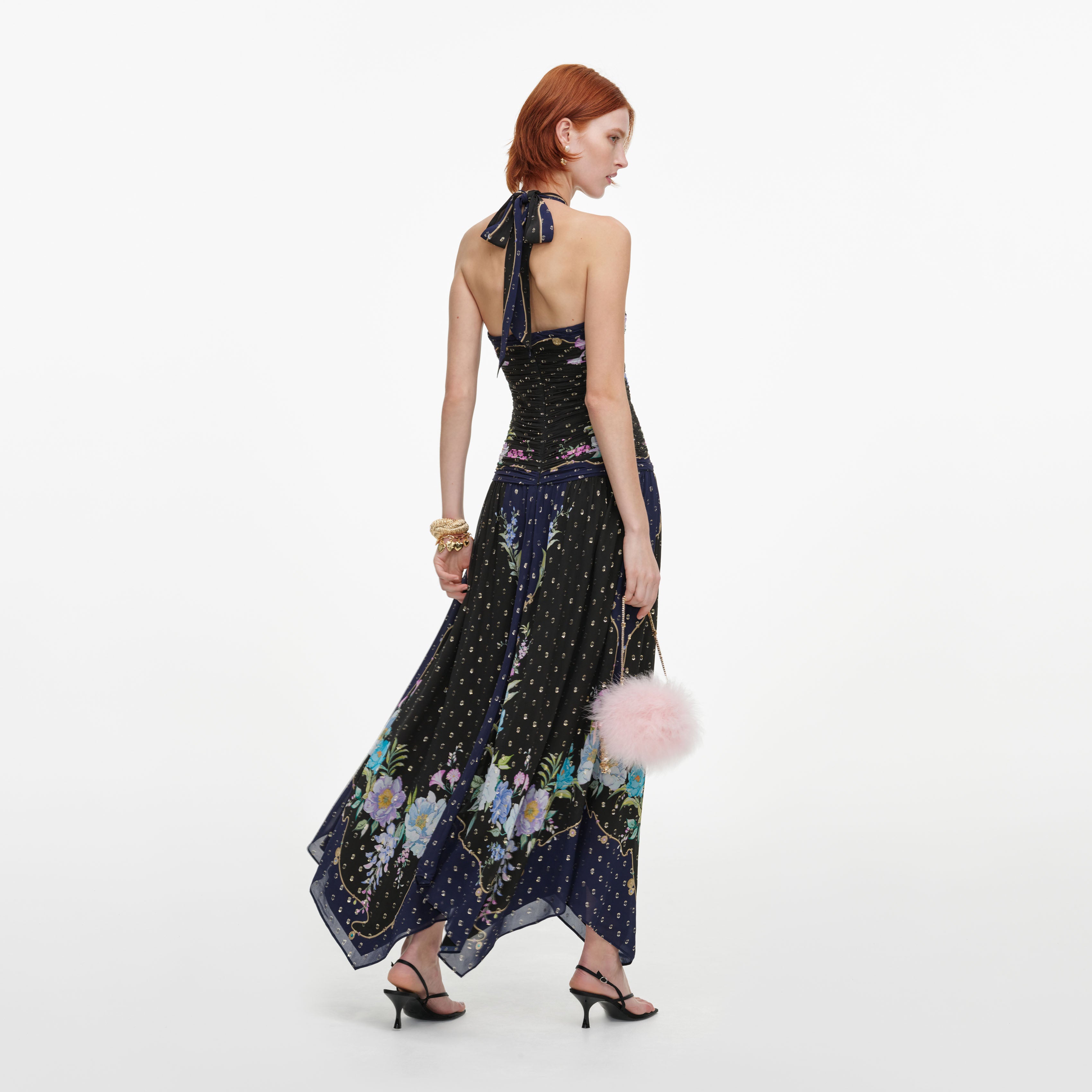 Self Portrait Navy Metallic Chiffon Midikleid Blau