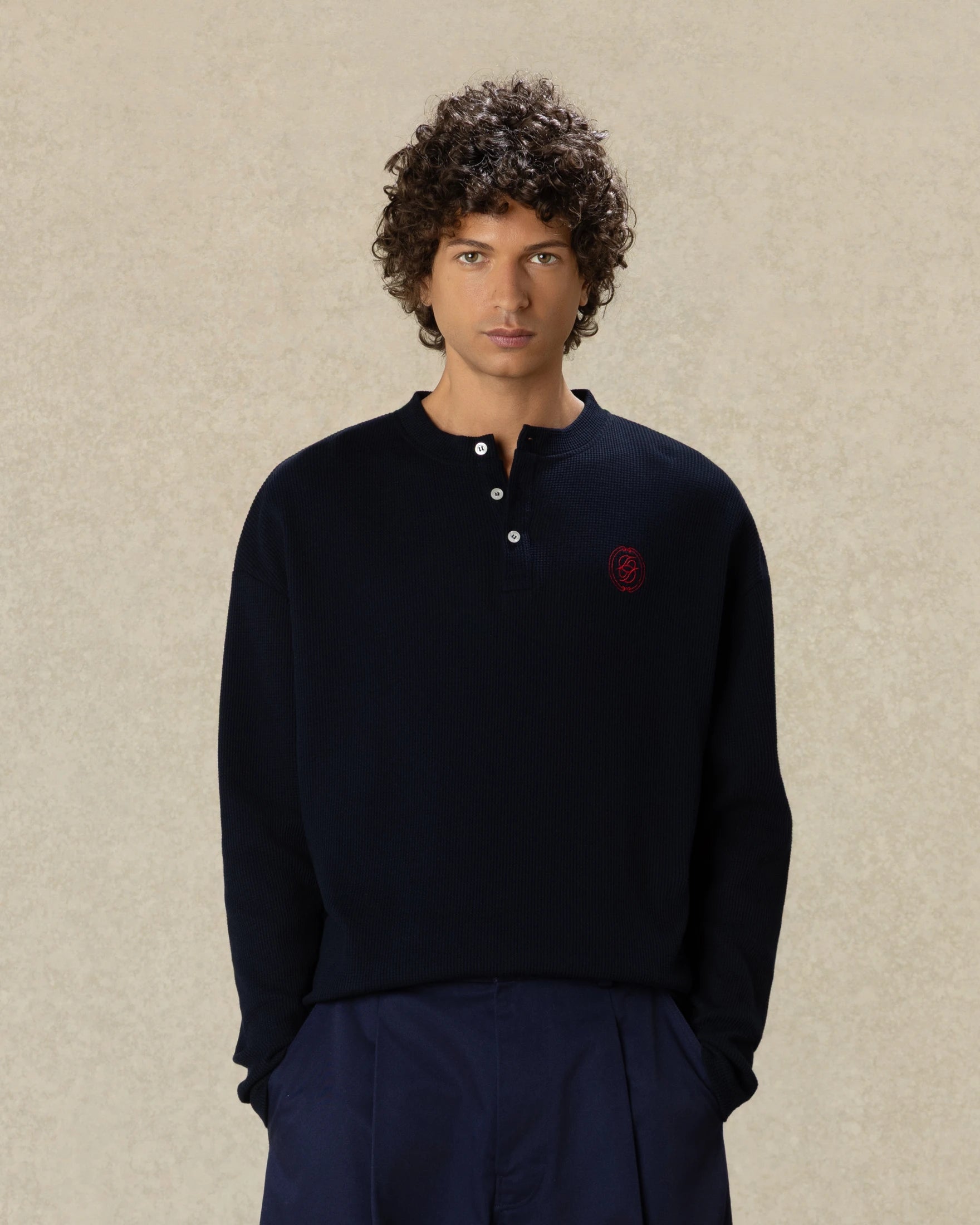 Drôle De Monsieur D Mirror Waffle Langarmshirt Navy Baumwolle