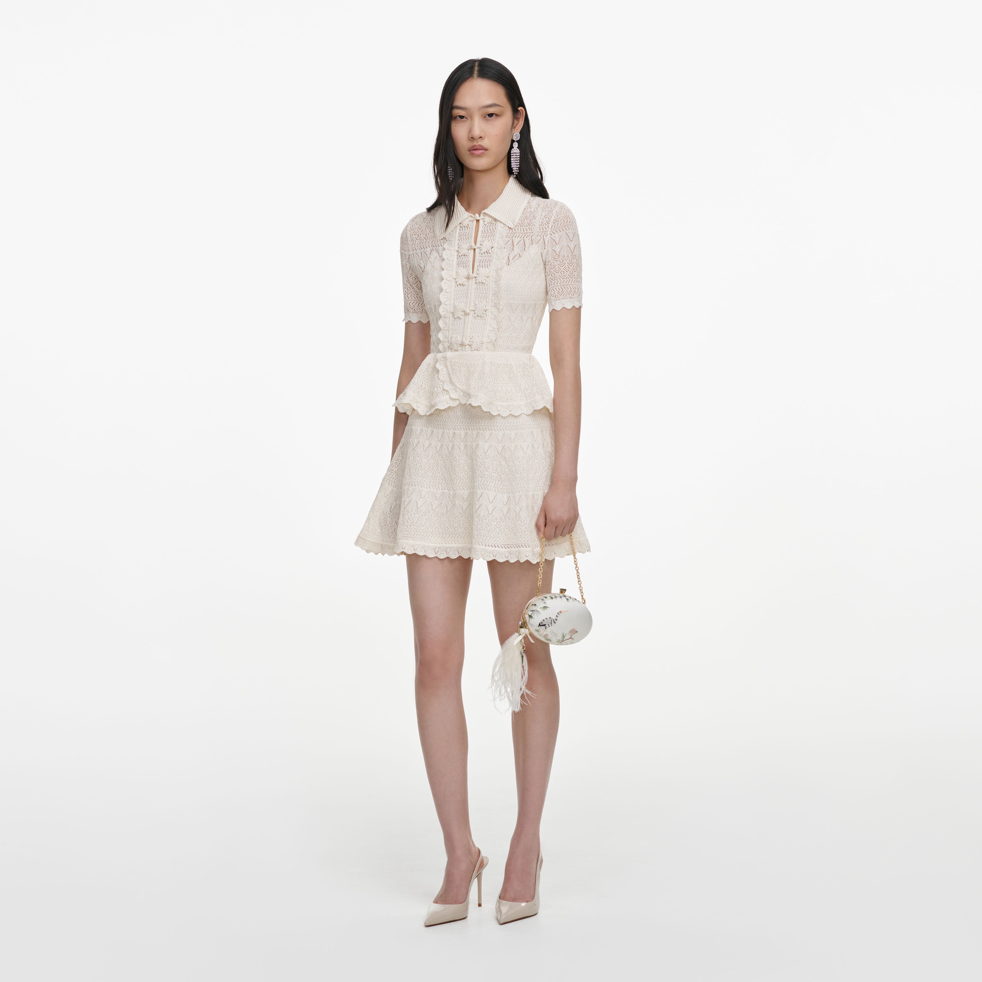 Self Portrait Pointelle Knit Wrap Peplum Kleid Creme Mini