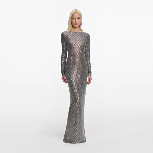 Self Portrait Grey Rhinestone Maxikleid Kleid Grau UK 8 Langarm