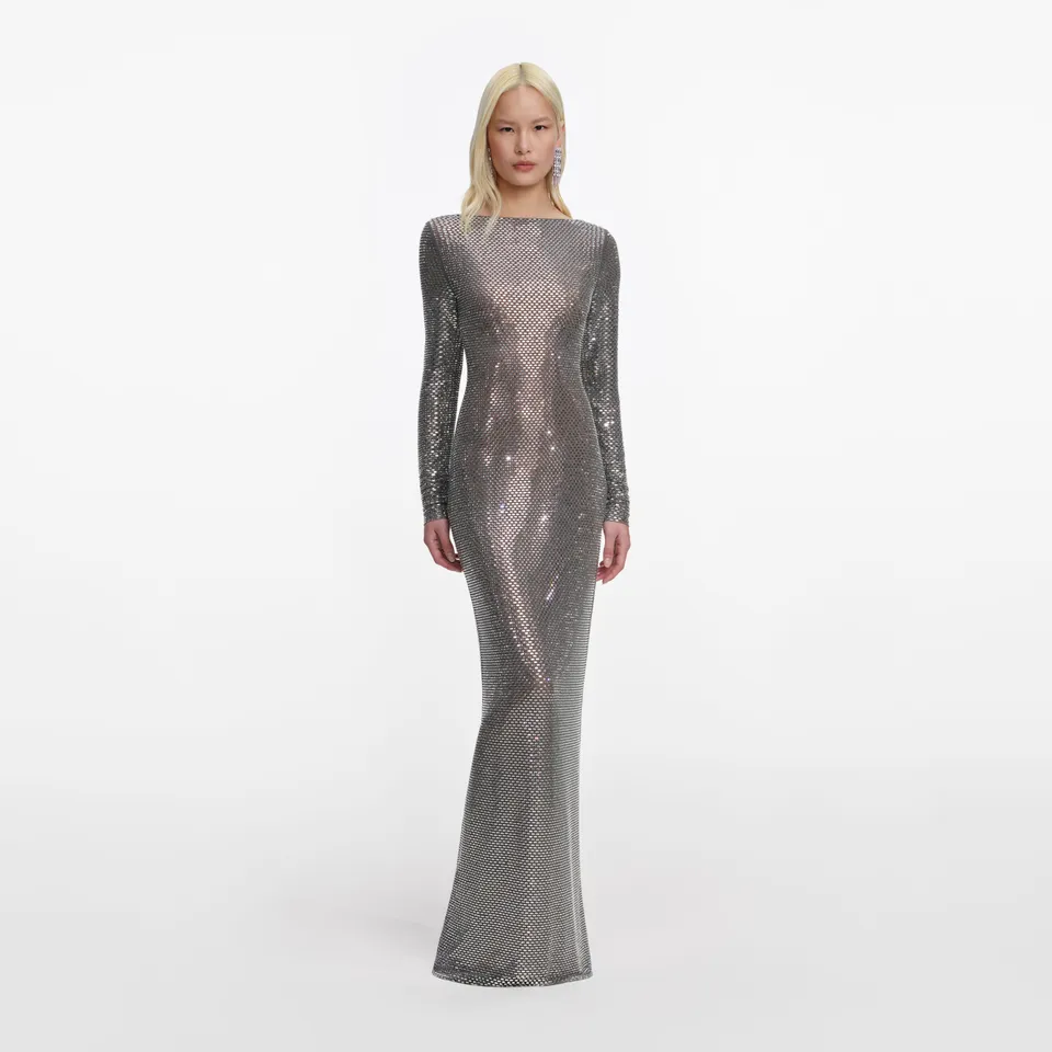 Self Portrait Grey Rhinestone Maxikleid Kleid Grau UK 8 Langarm