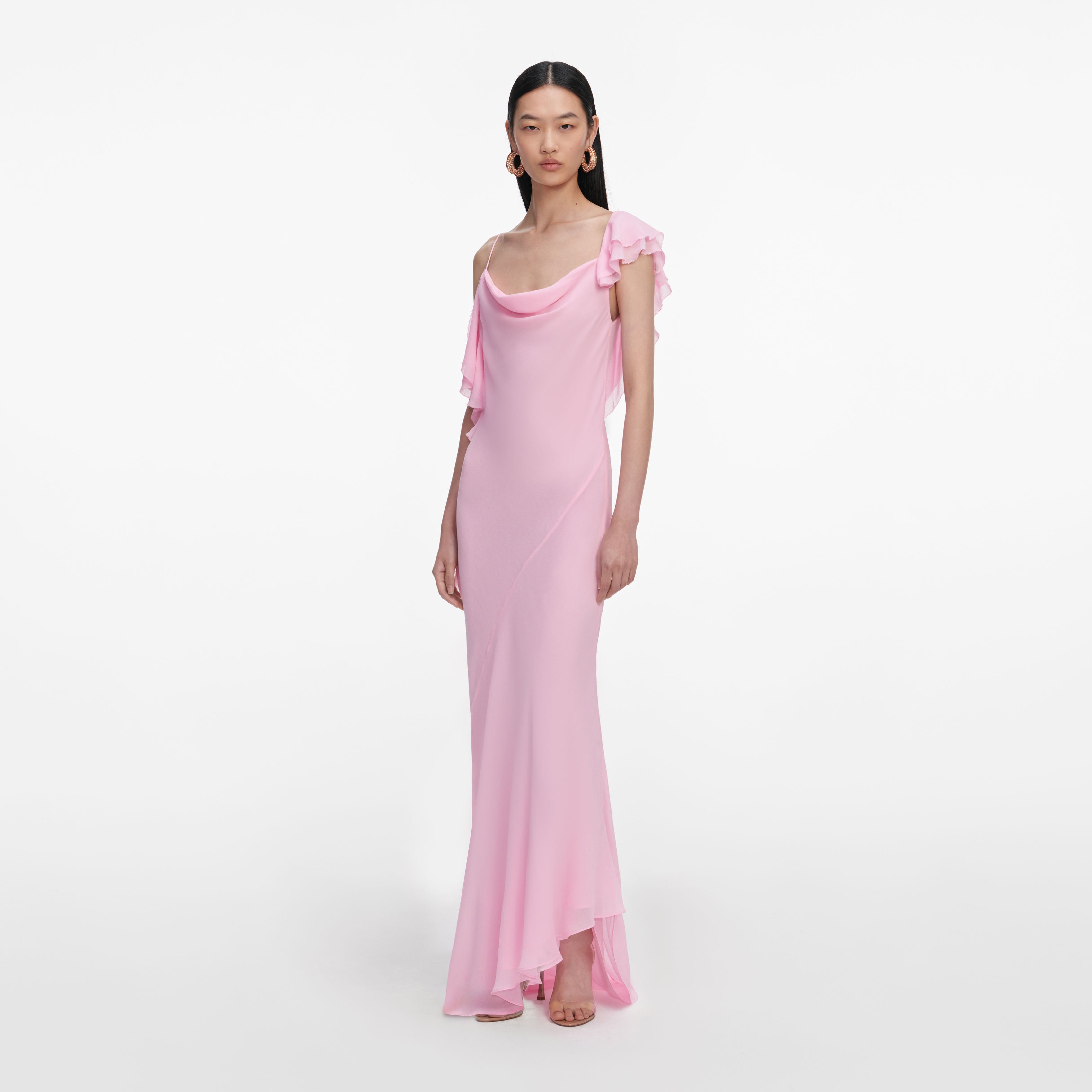 Self Portrait Pink Georgette Frill Maxikleid Rosa UK 8 Rückenfrei