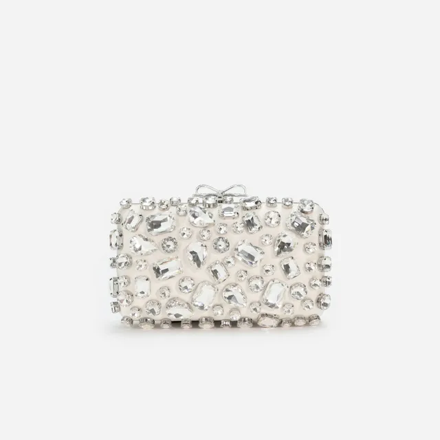Self Portrait Cream Satin Crystal Clutch Creme Mini