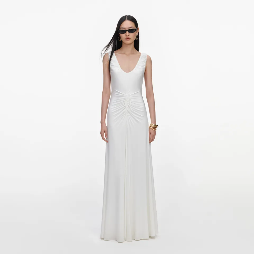 Self Portrait White Jersey Ruched Maxi Kleid UK 8 Weiß
