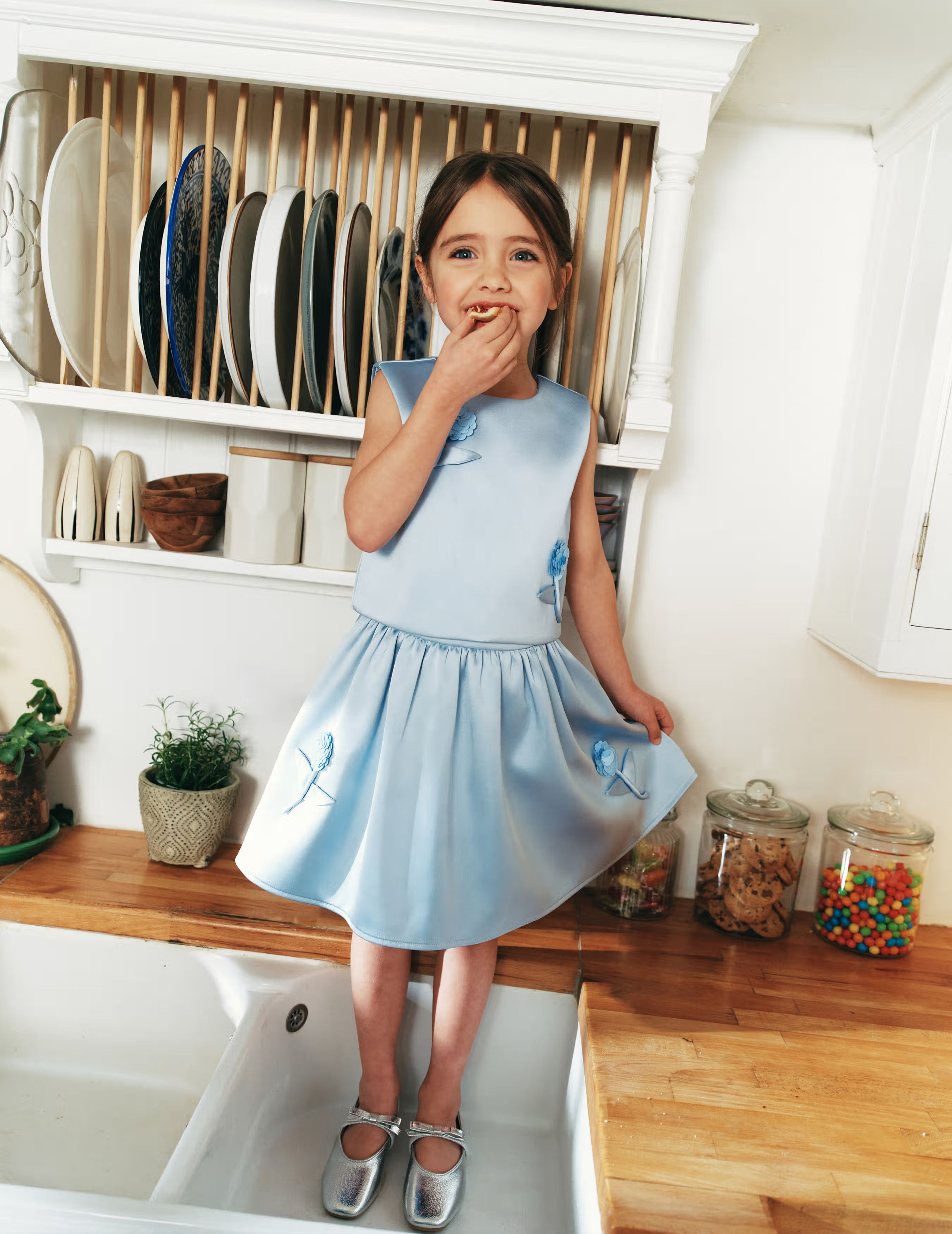 Self Portrait Blue Satin Sequin Flower Skirt Rock Blau 3-4