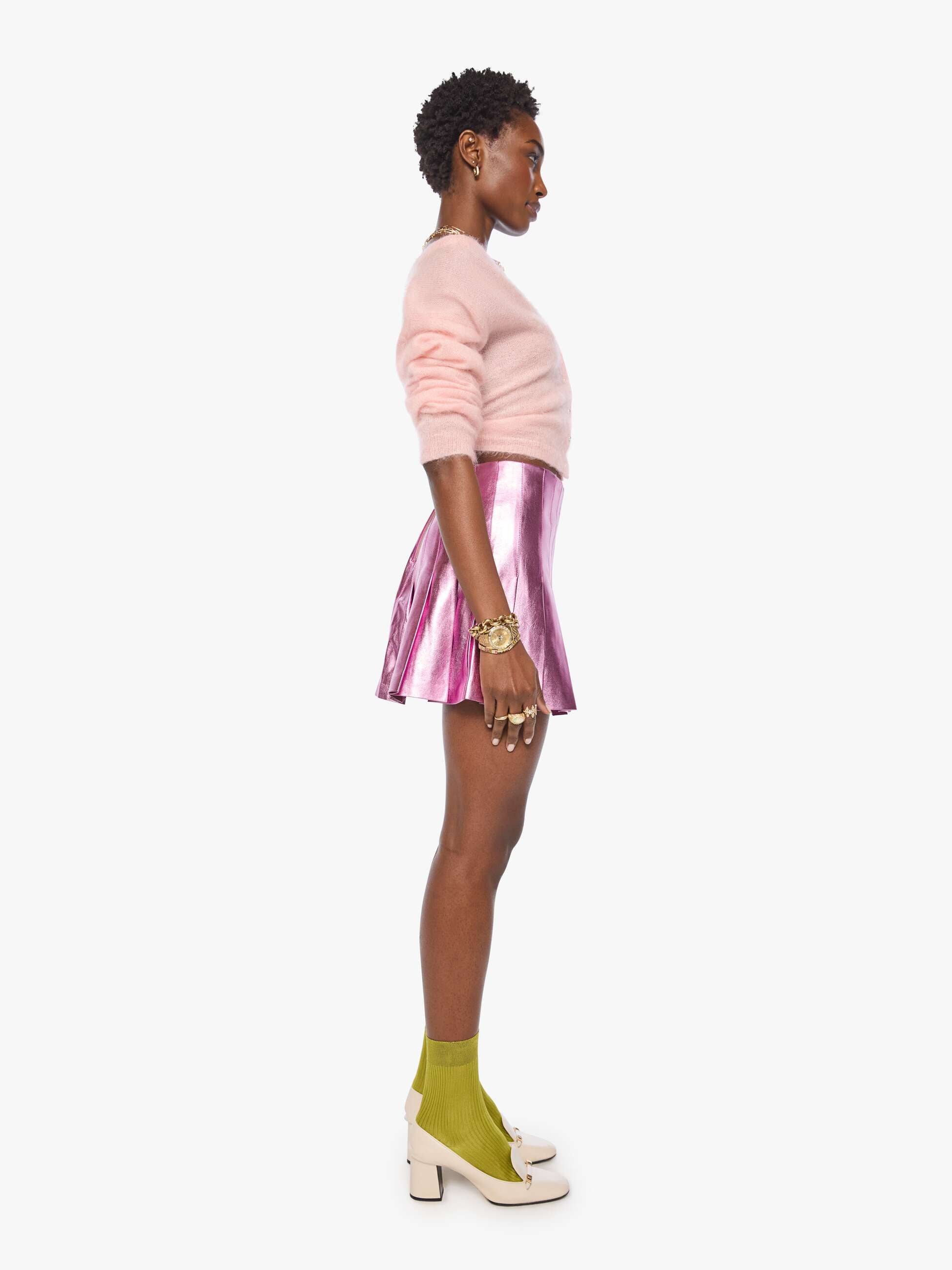MOTHER Pleated Mini Skirt Rock Hoop Earrings Rosa