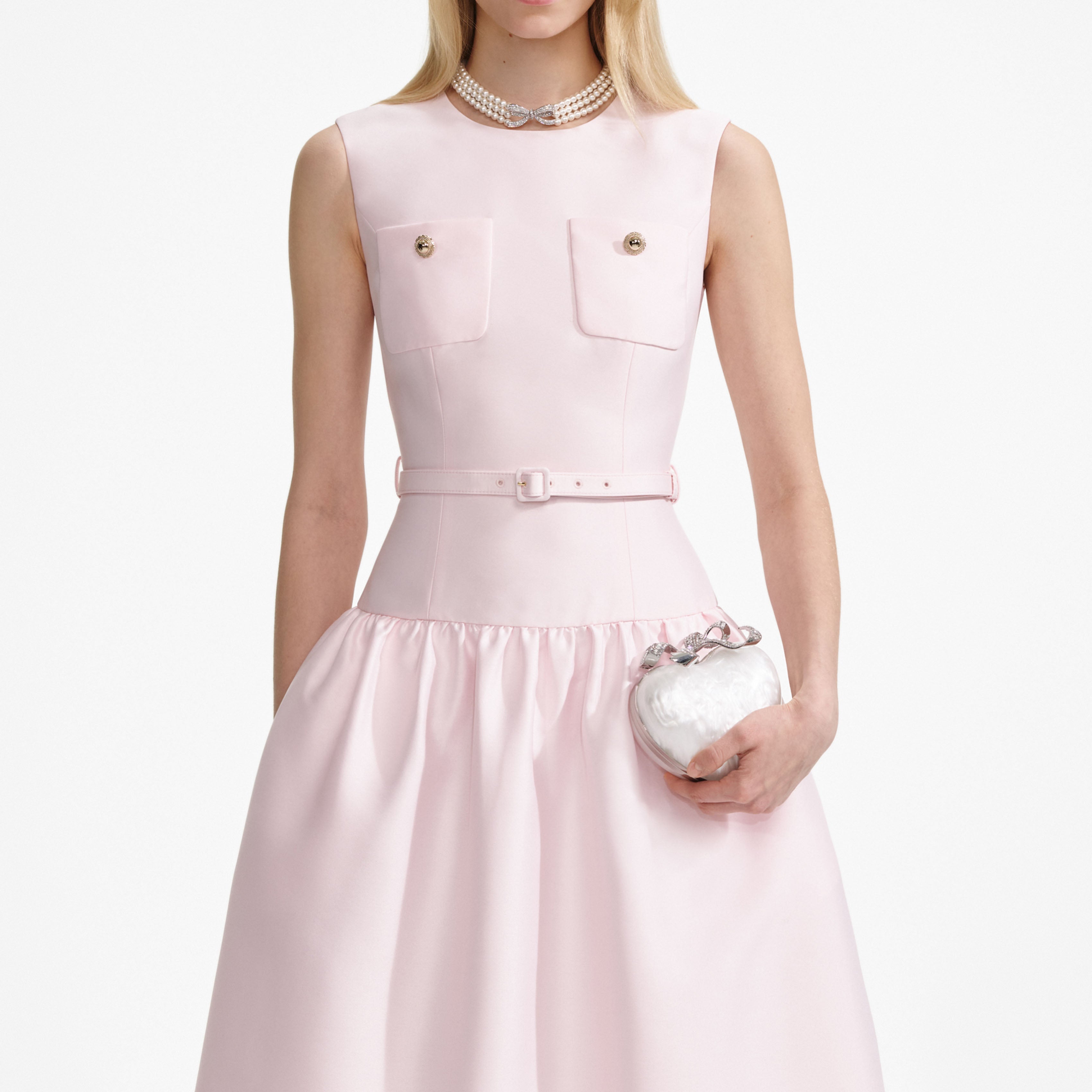 Self Portrait Pink Taffeta Belted Midi Dress Kleid Pink