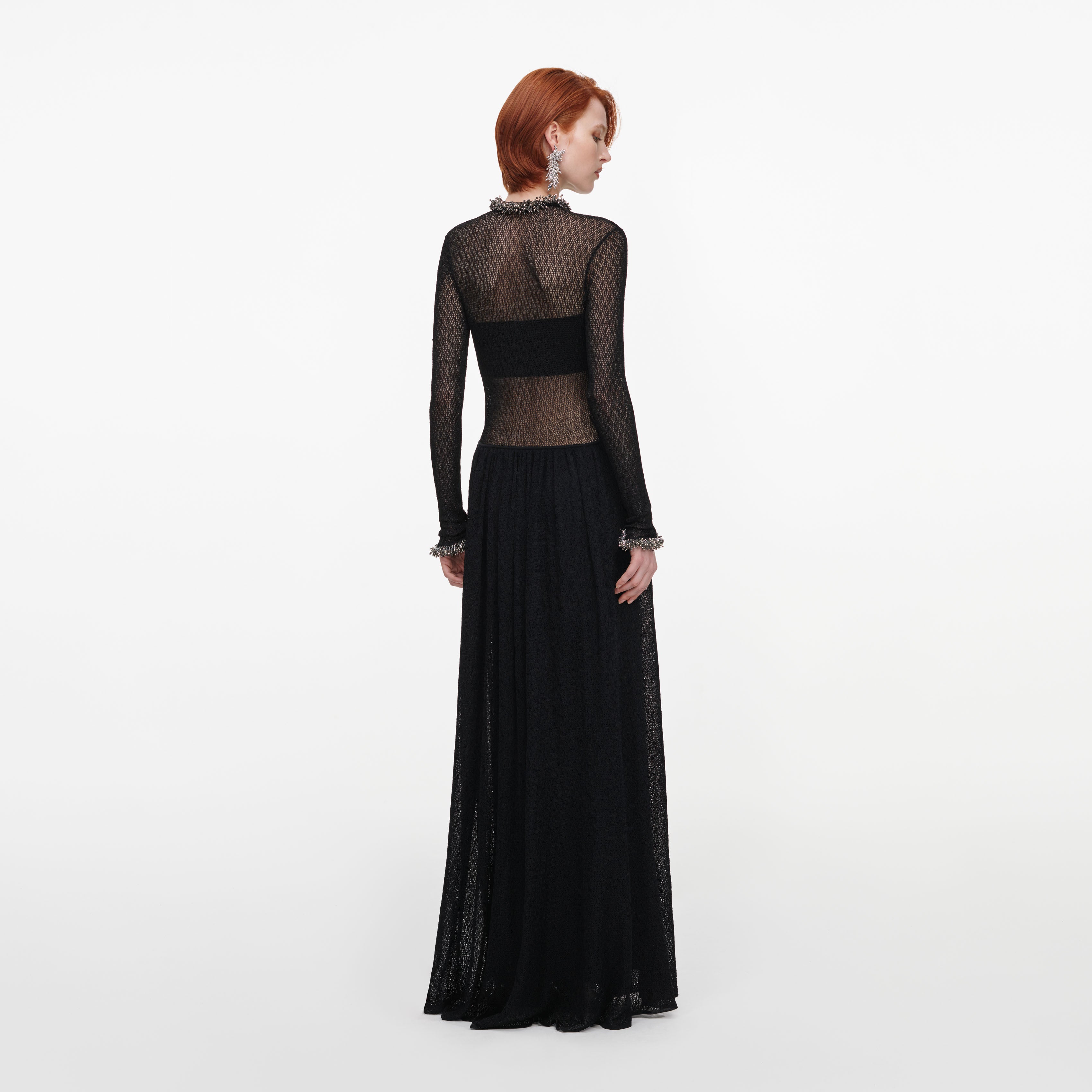 Self Portrait Pointelle Maxi Kleid Schwarz Strass Strick