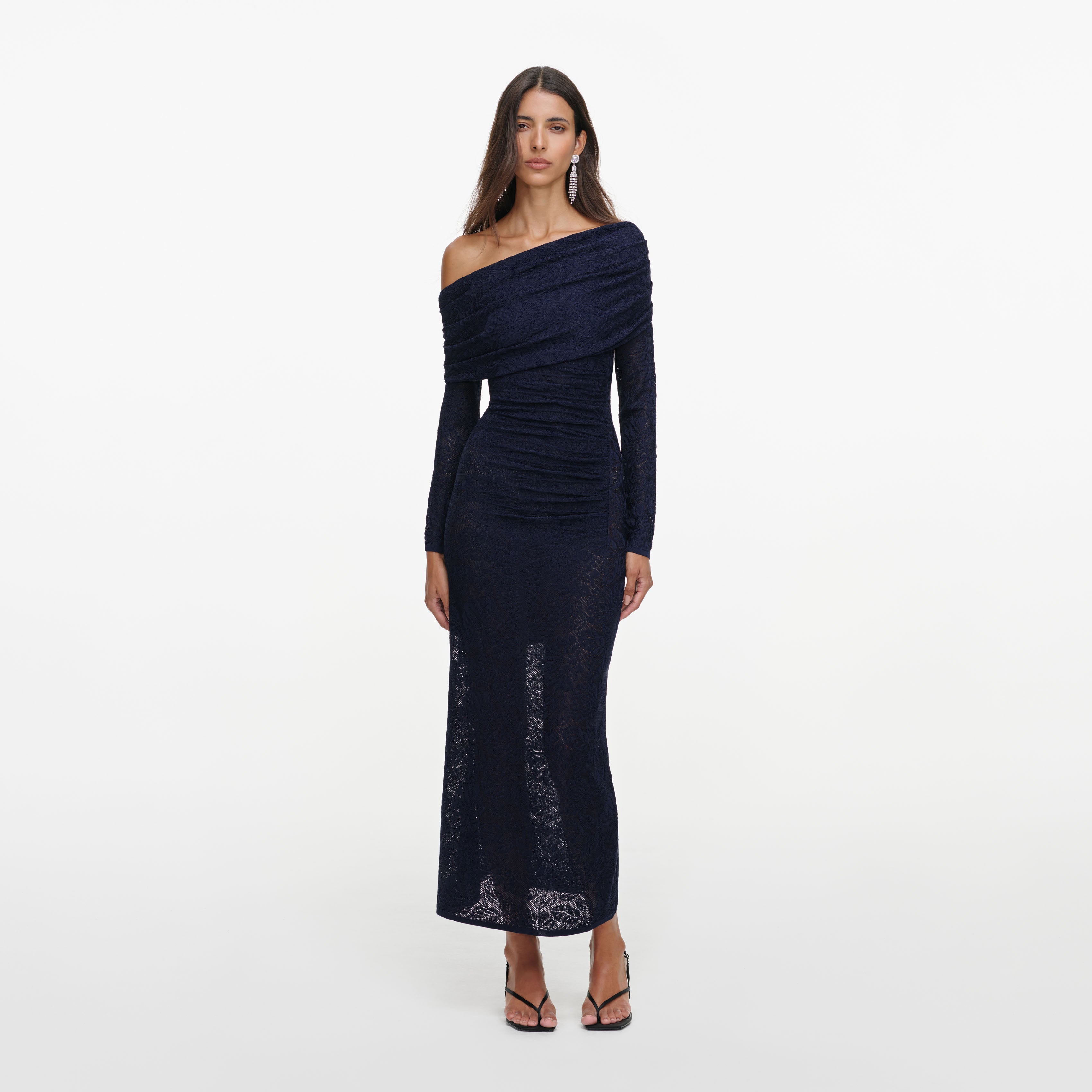 Self Portrait Jacquard Knit Midi Kleid Navy Off-Shoulder