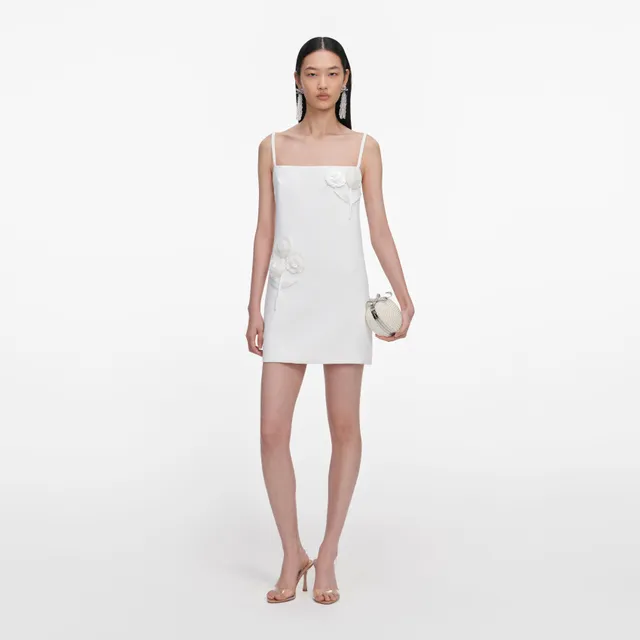 Self Portrait White Crepe 3D Sequin Flower Mini Kleid Weiß UK 8