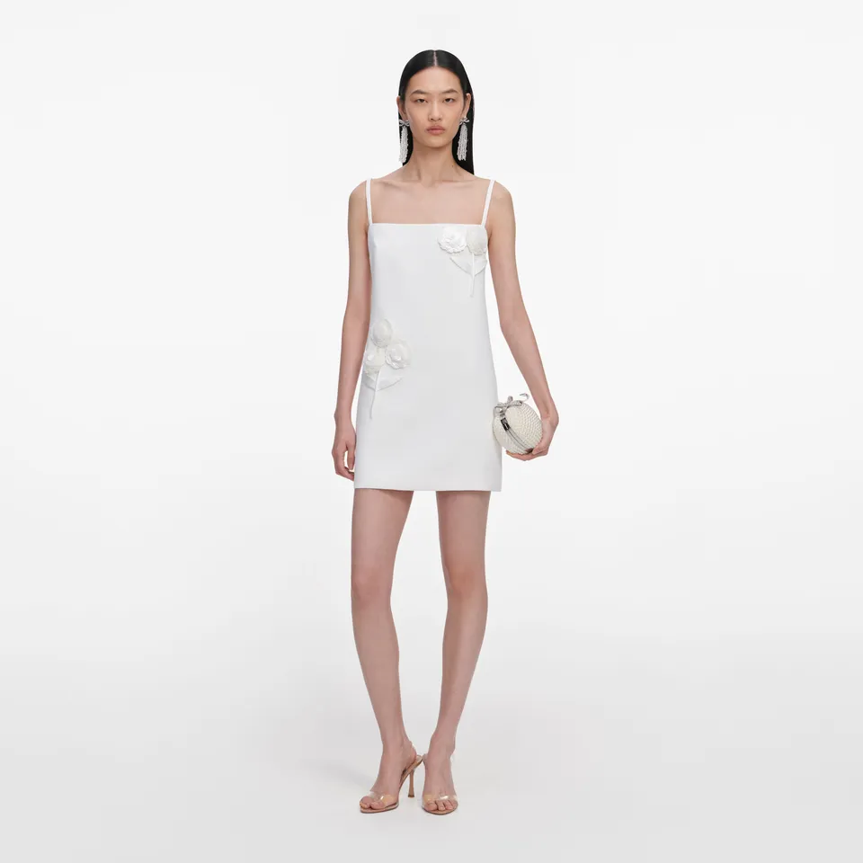 Self Portrait White Crepe 3D Sequin Flower Mini Kleid Weiß UK 8