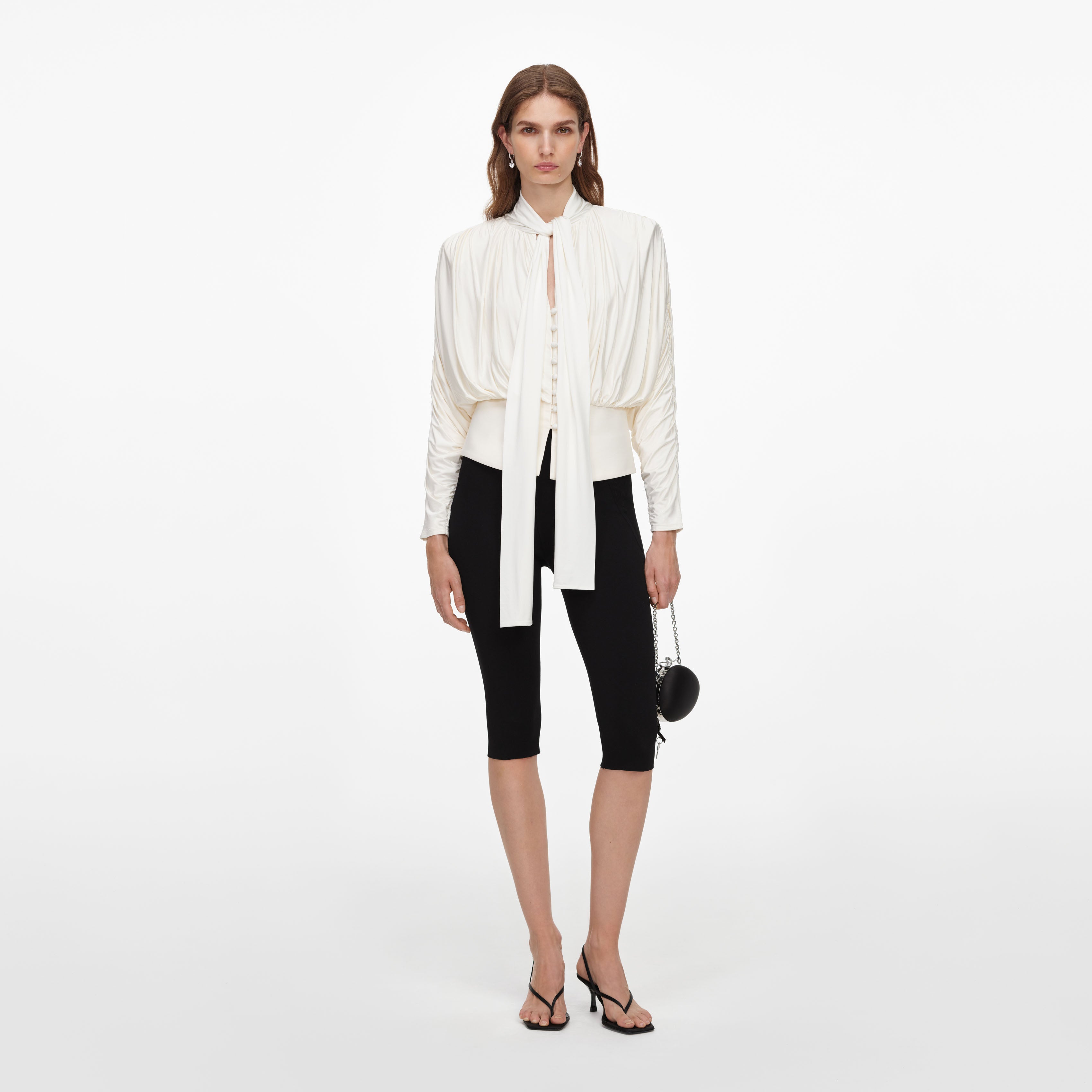 Self Portrait Cream Tie Neck Jersey Top Creme Viskose