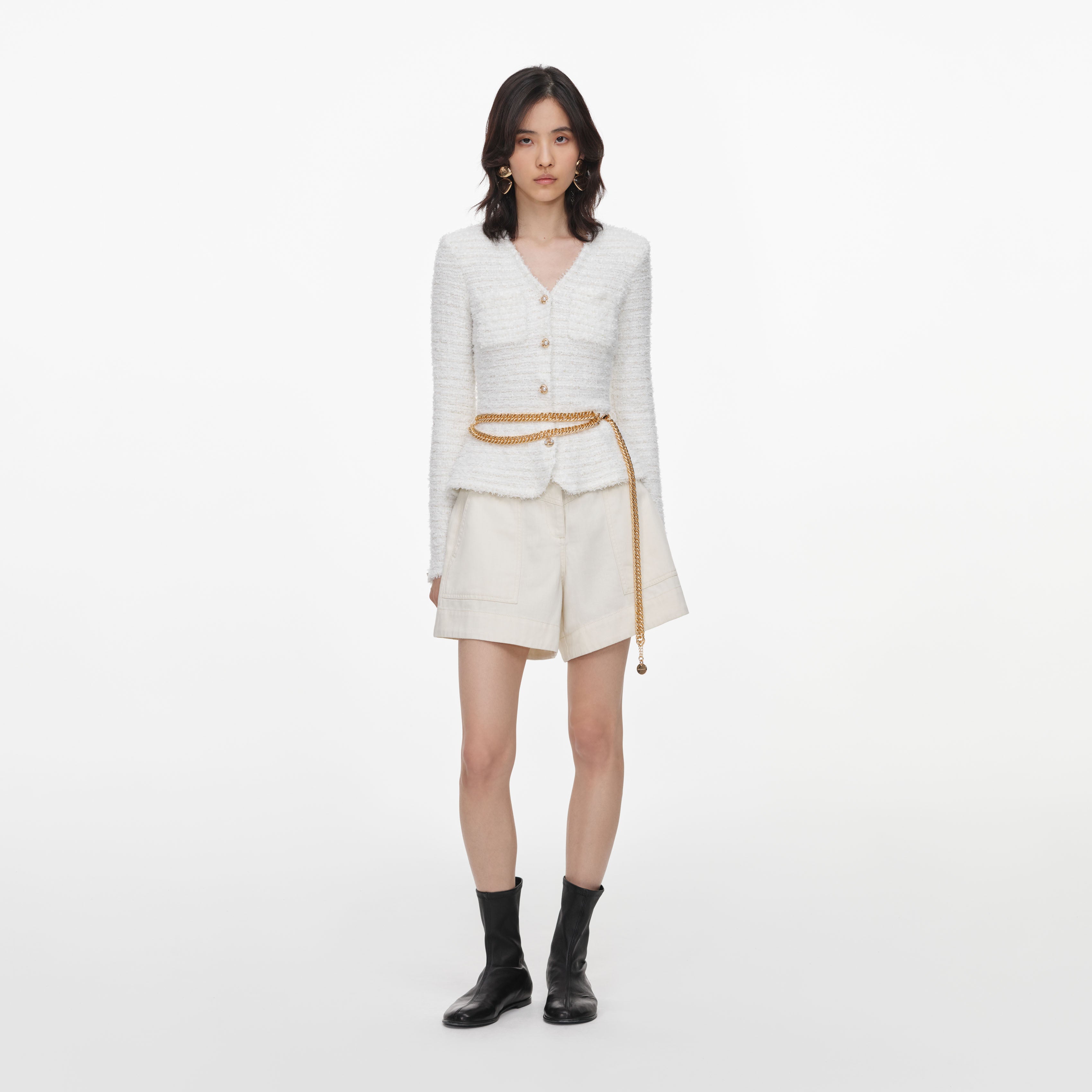 Self Portrait Cream Textured Knit Cardigan Creme S