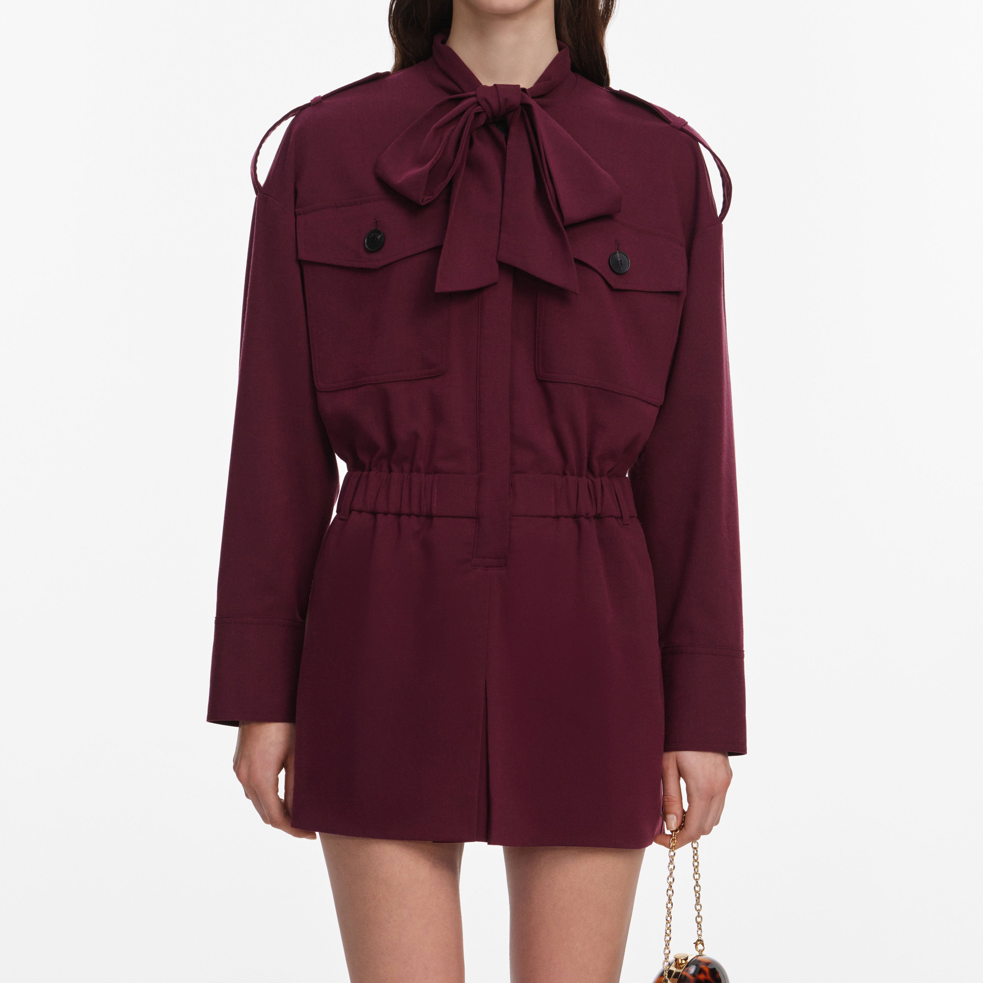 Self Portrait Plum Twill Tie Neck Playsuit Jumpsuit Burgundy