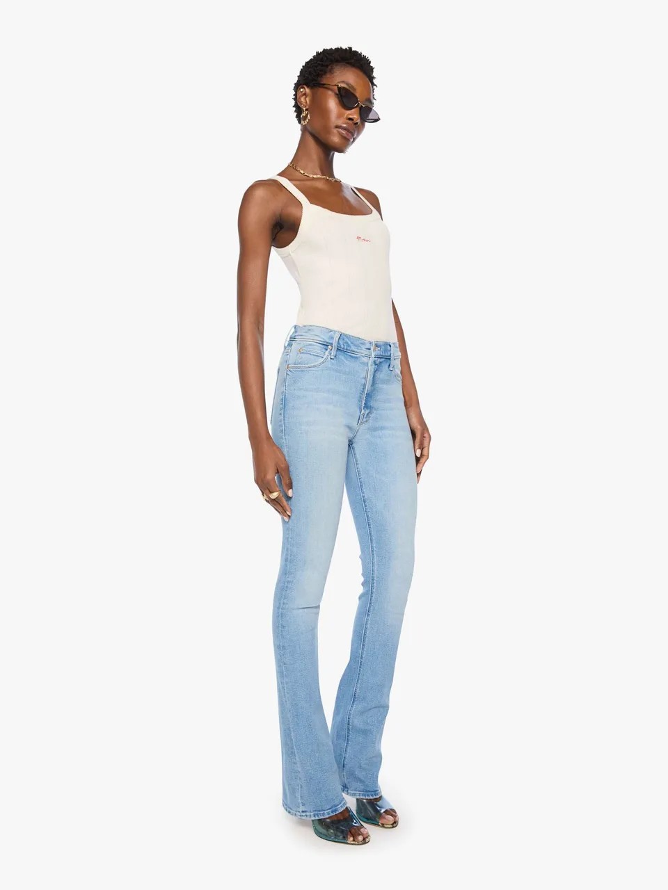 Mother The Runaway Flare Jeans Hellblau Mid-Rise Stretch