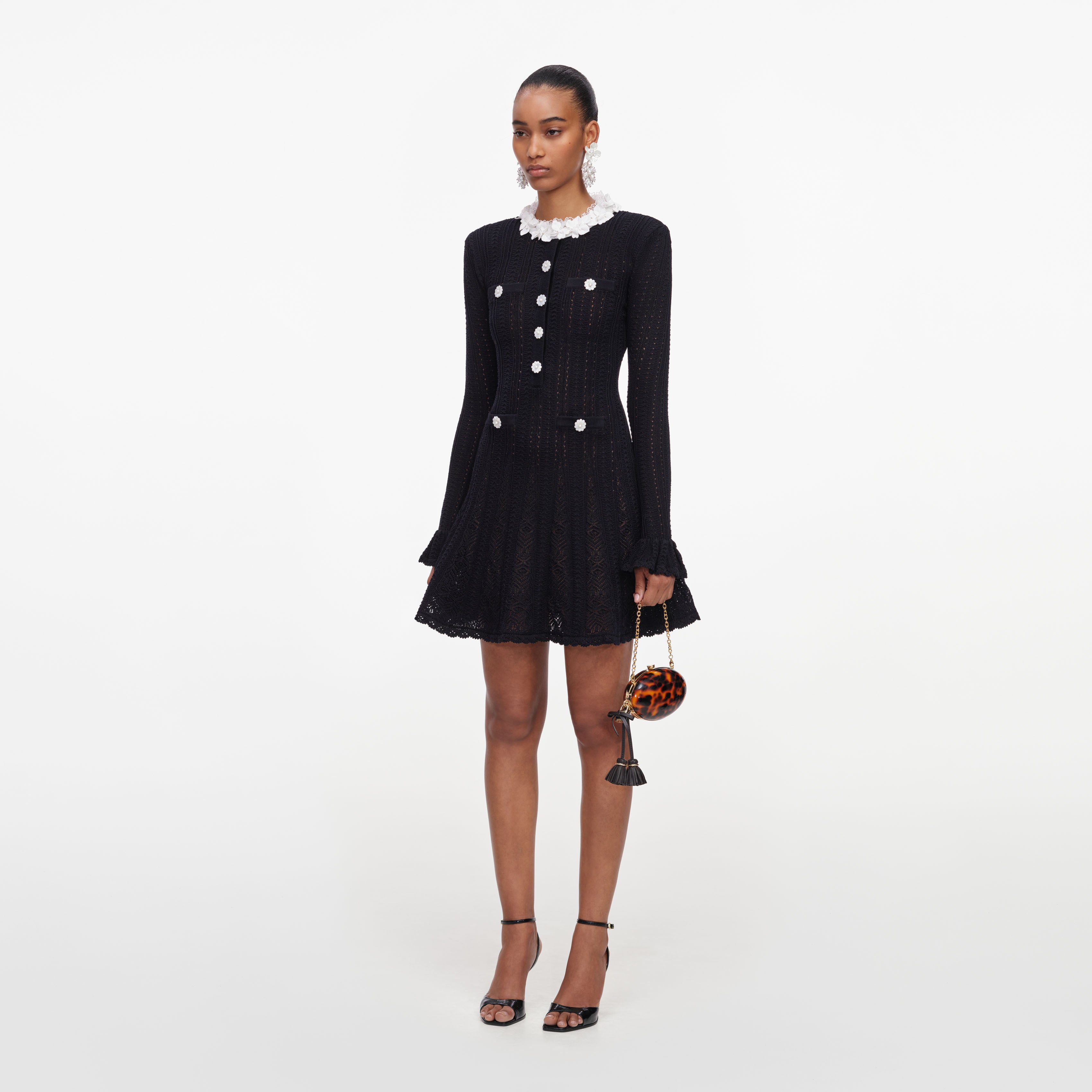 Self Portrait Dresses Black Flower Trim Knit Mini Kleid