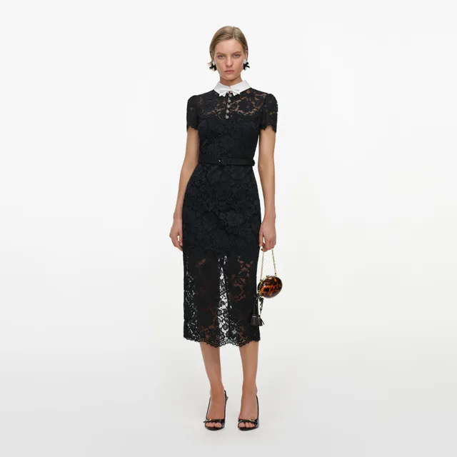 Self-Portrait Lace Contrast Collar Midi Kleid schwarz