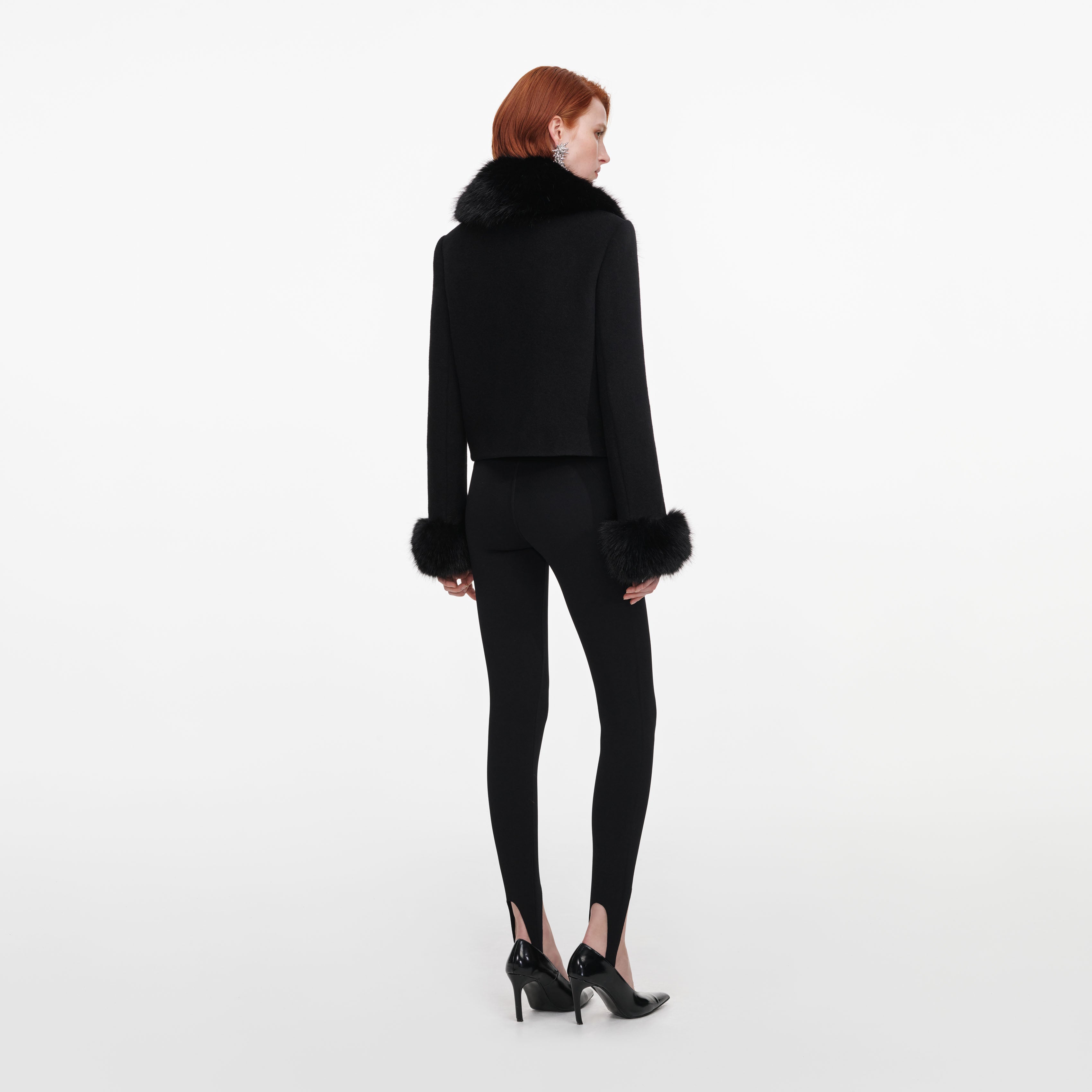 Self Portrait Black Wool Fur Cuff Jacke Schwarz UK 6