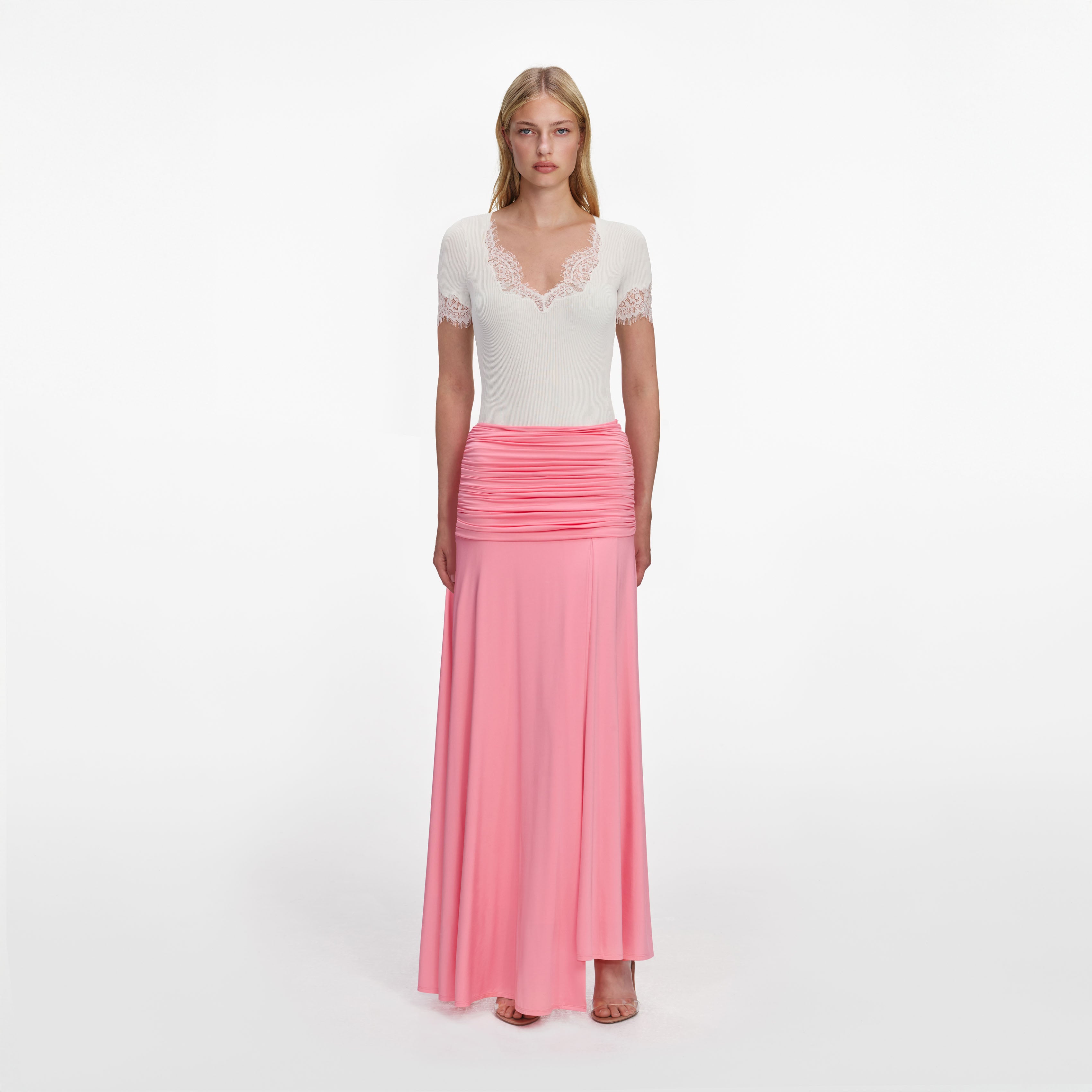 Self Portrait Pink Jersey Gathered Maxi Skirt Rock Pink UK 6