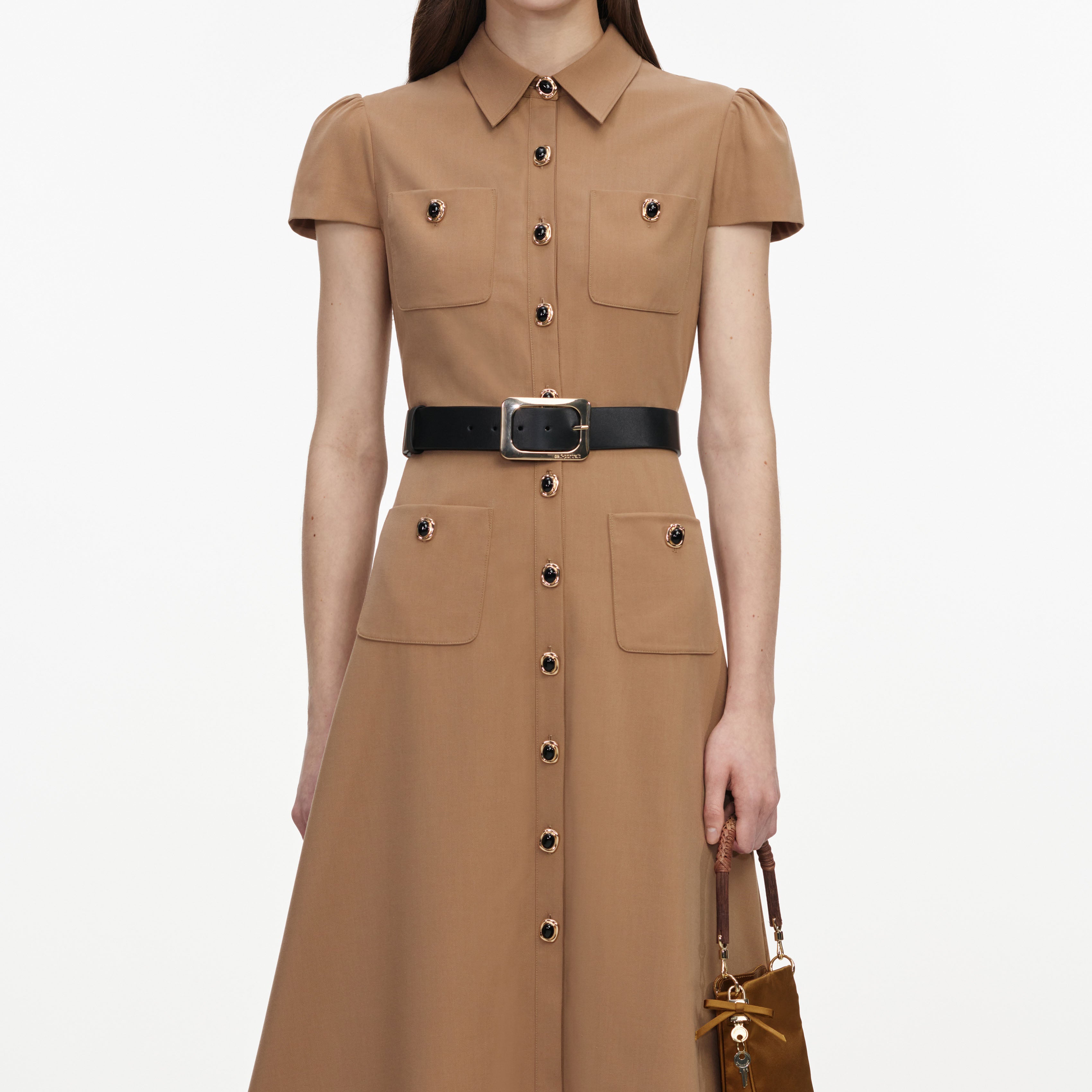 Self Portrait Twill Belted Midi Kleid Tan UK 6