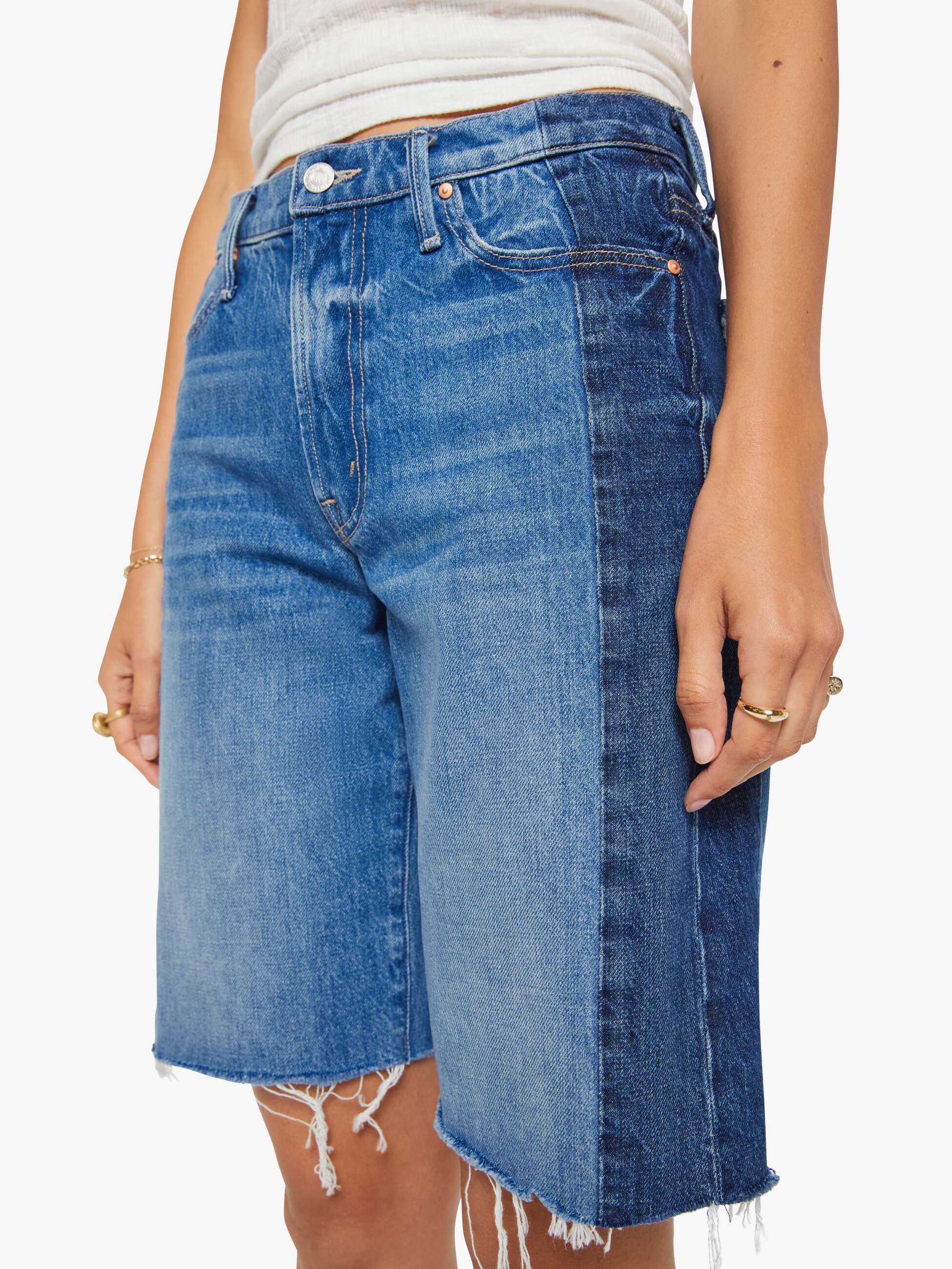 Mother Mid Rise Maven Bermuda Fray Shorts Double Stacked