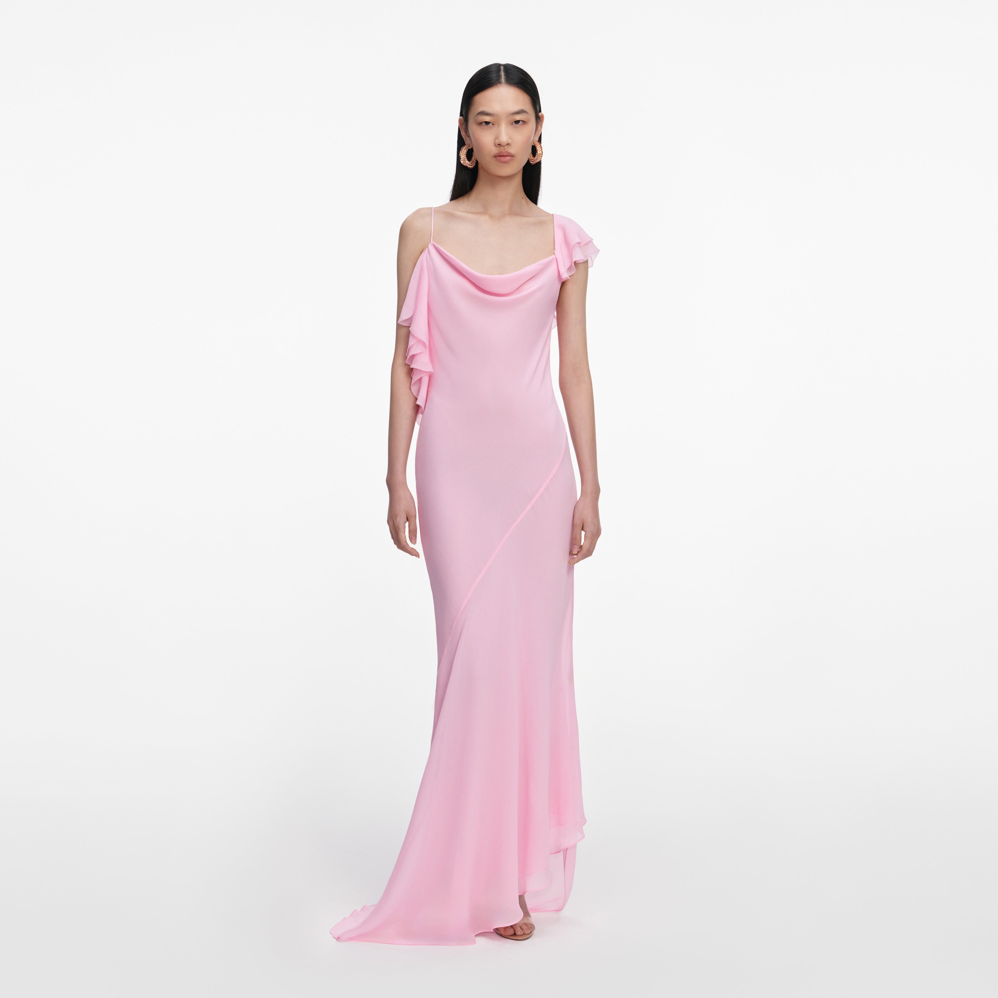 Self Portrait Pink Georgette Frill Maxikleid Rosa UK 8 Rückenfrei