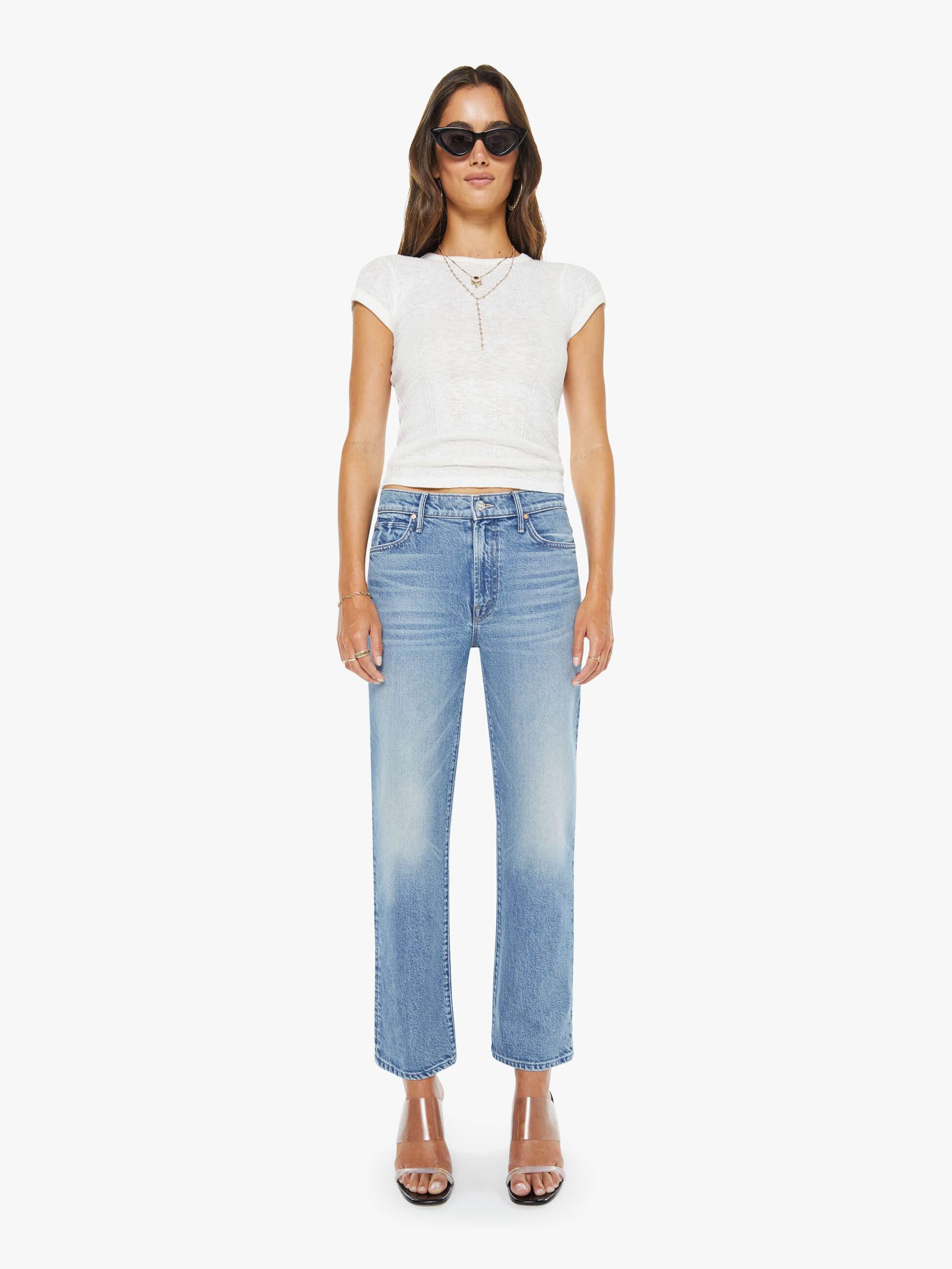 Mother Kick It Ankle Jeans Birds Gone Wild High-Rise Hellblau