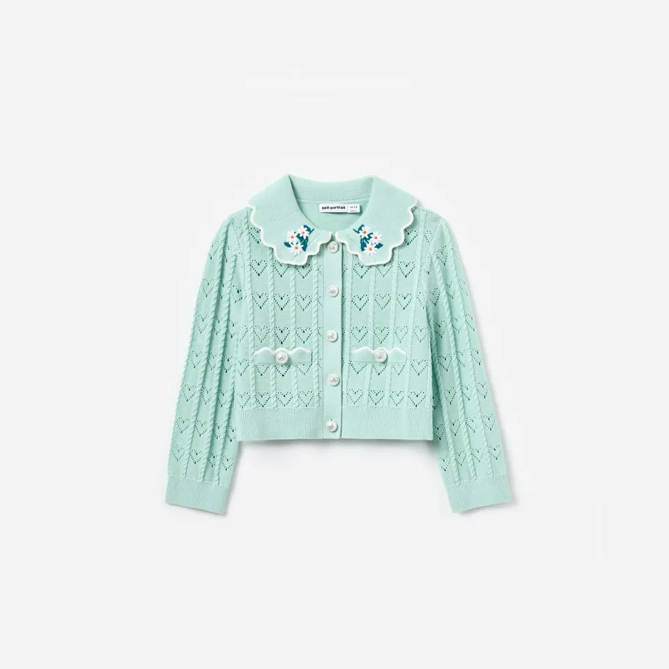 Self Portrait Mint Heart Knit Cardigan Mint Kinder Strickjacke
